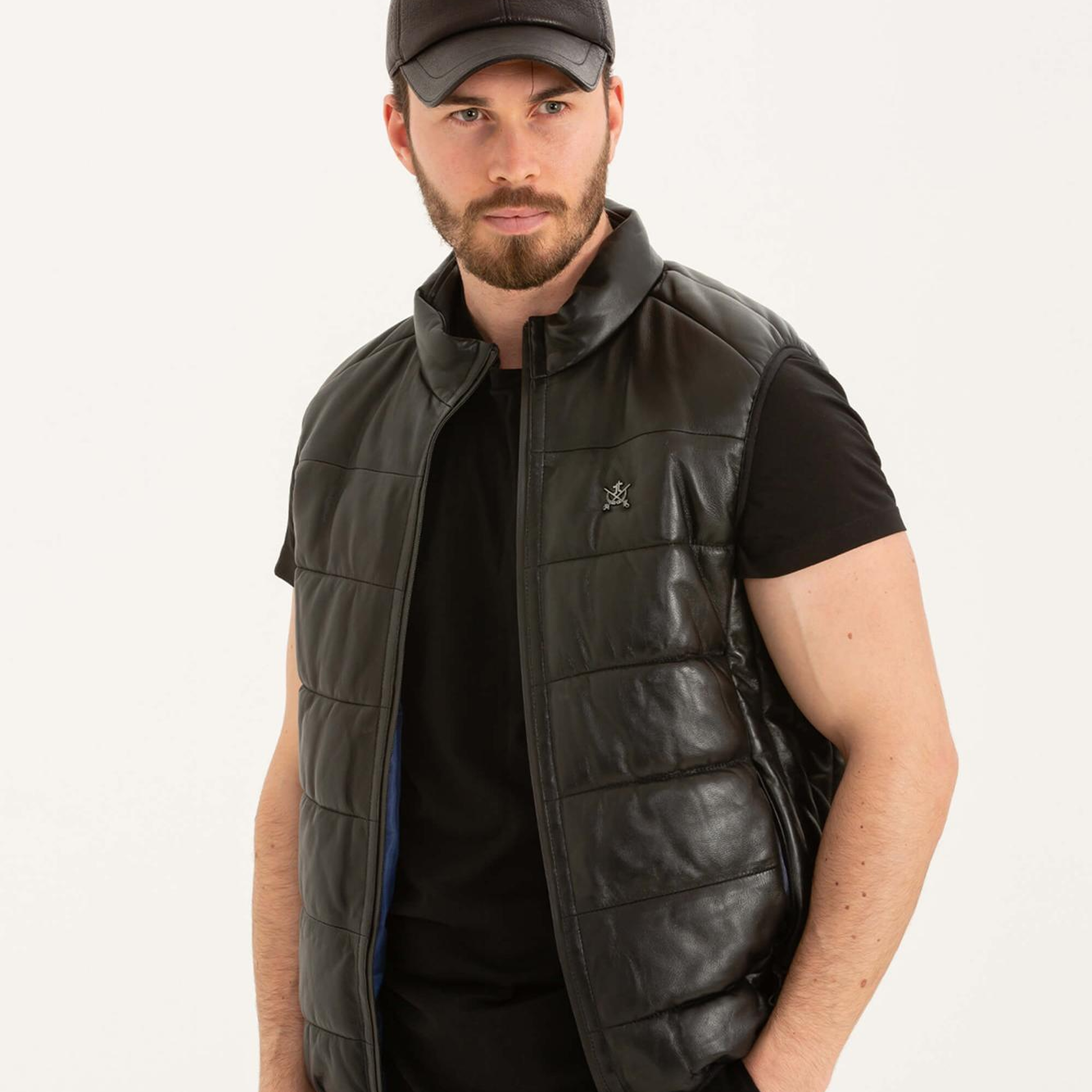 Tamer Tanca Erkek Hakiki Deri Siyah Deri Yelek Deri Mont