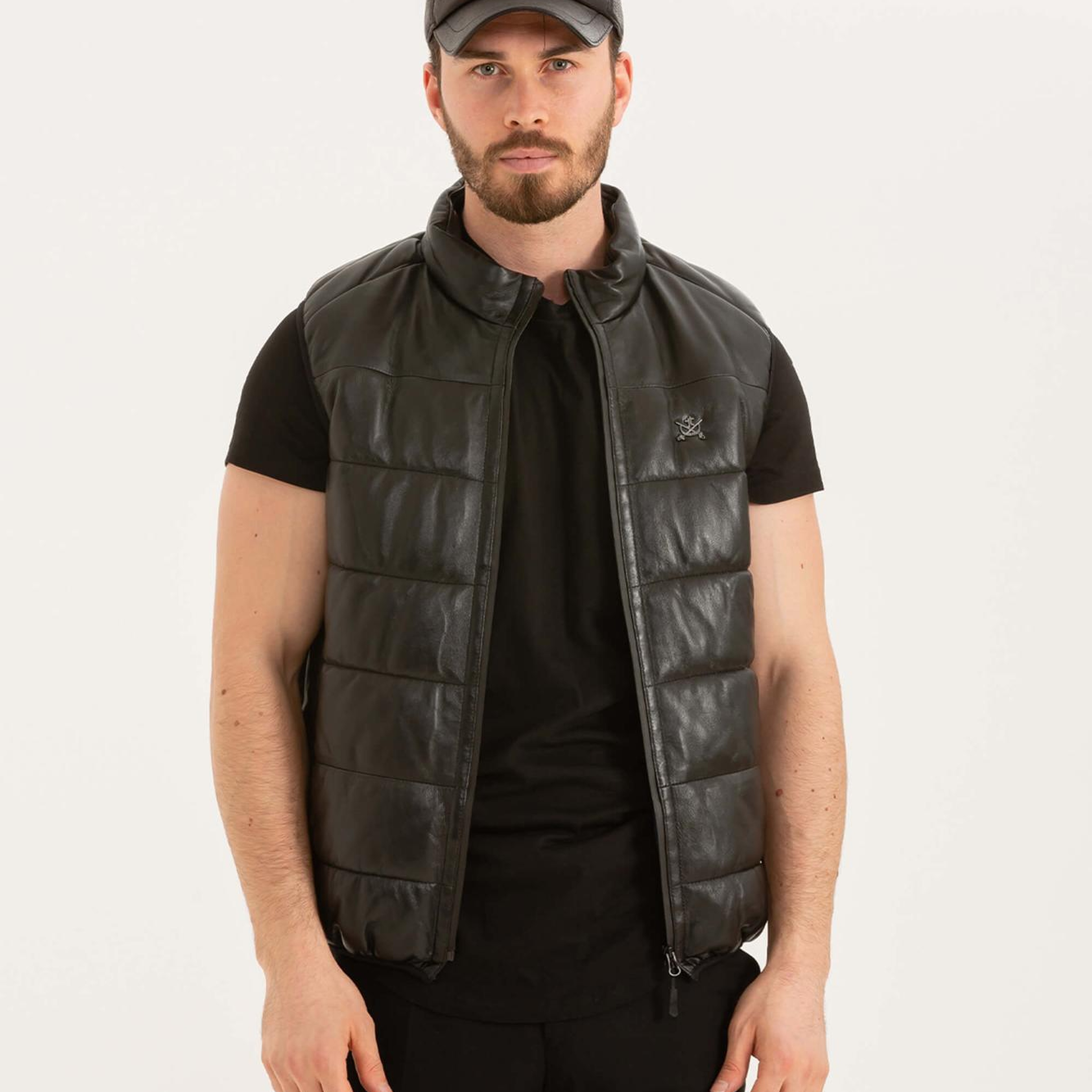 Tamer Tanca Erkek Hakiki Deri Siyah Deri Yelek Deri Mont