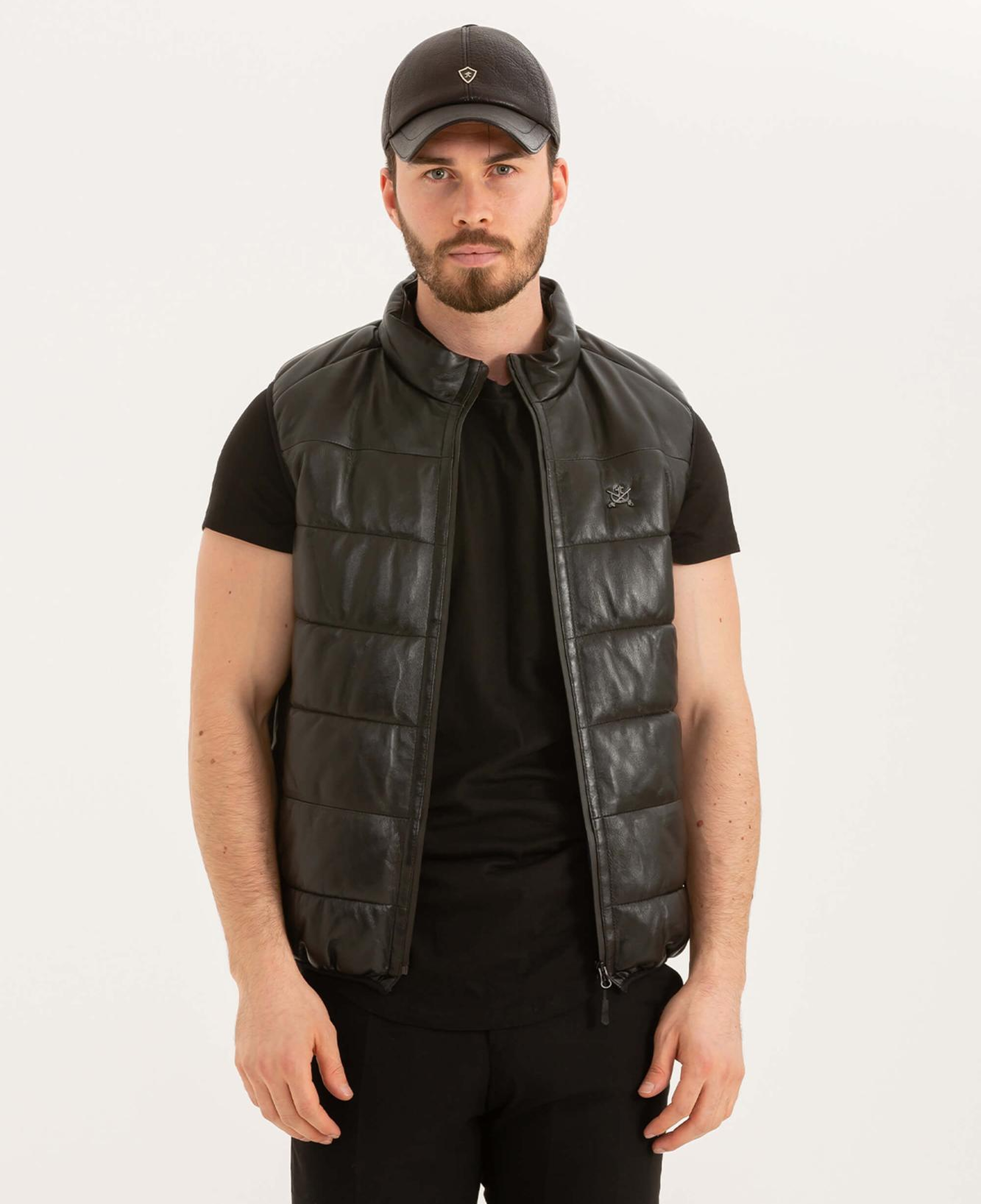 Tamer Tanca Erkek Hakiki Deri Siyah Deri Yelek Deri Mont