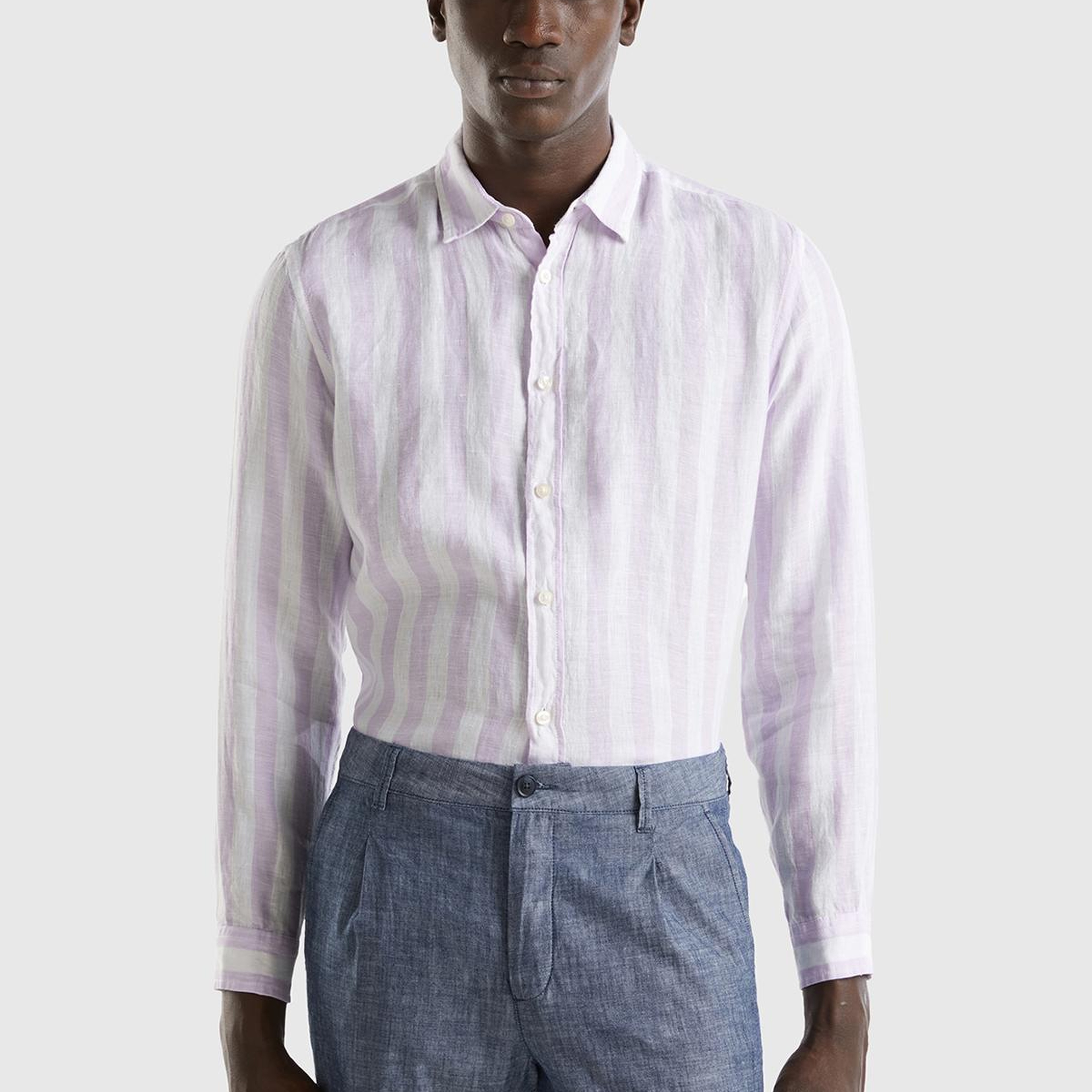 Erkek Beyaz-Lila %100 Keten Gömlek