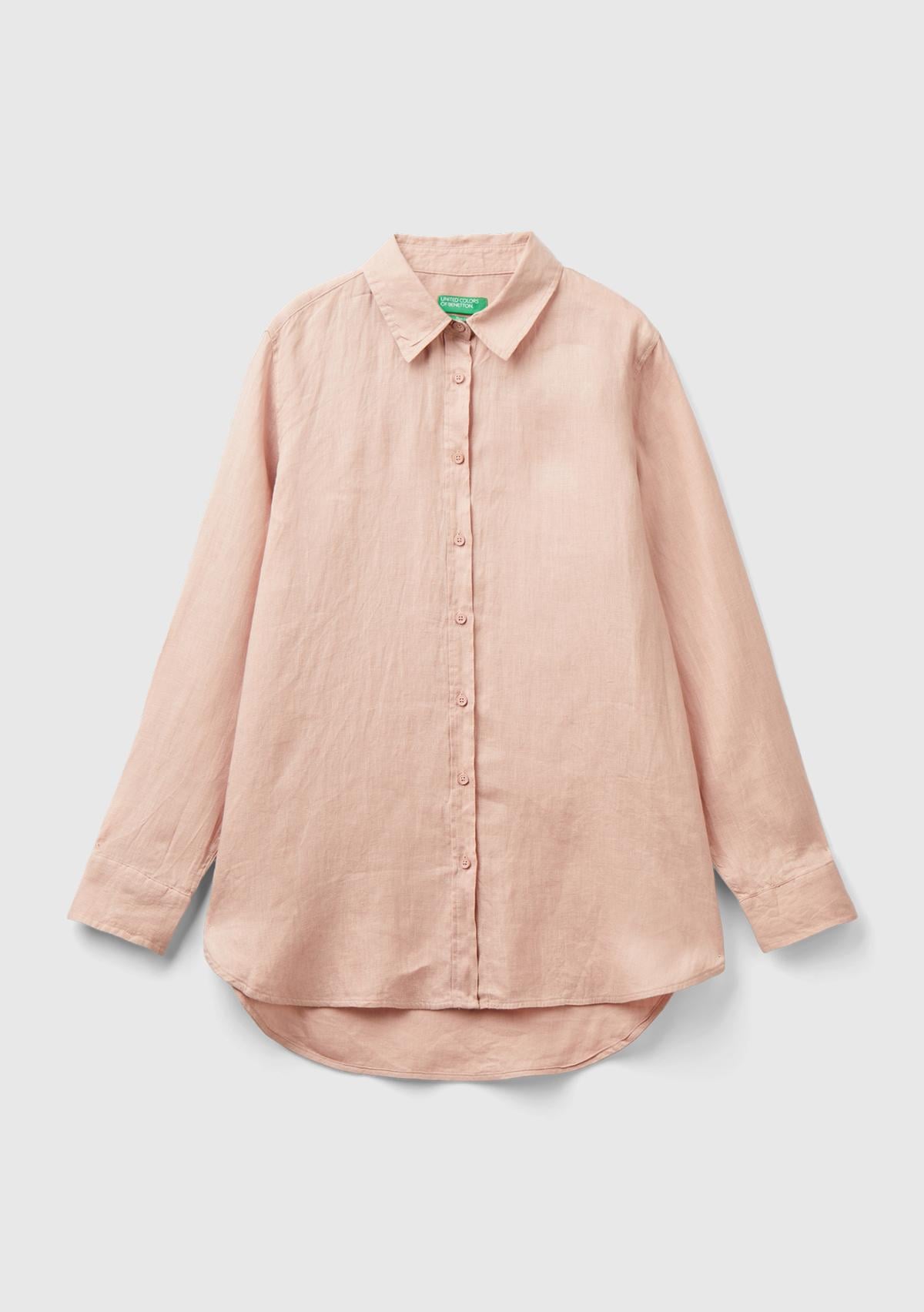 Kadın Pudra %100 Keten Gömlek
