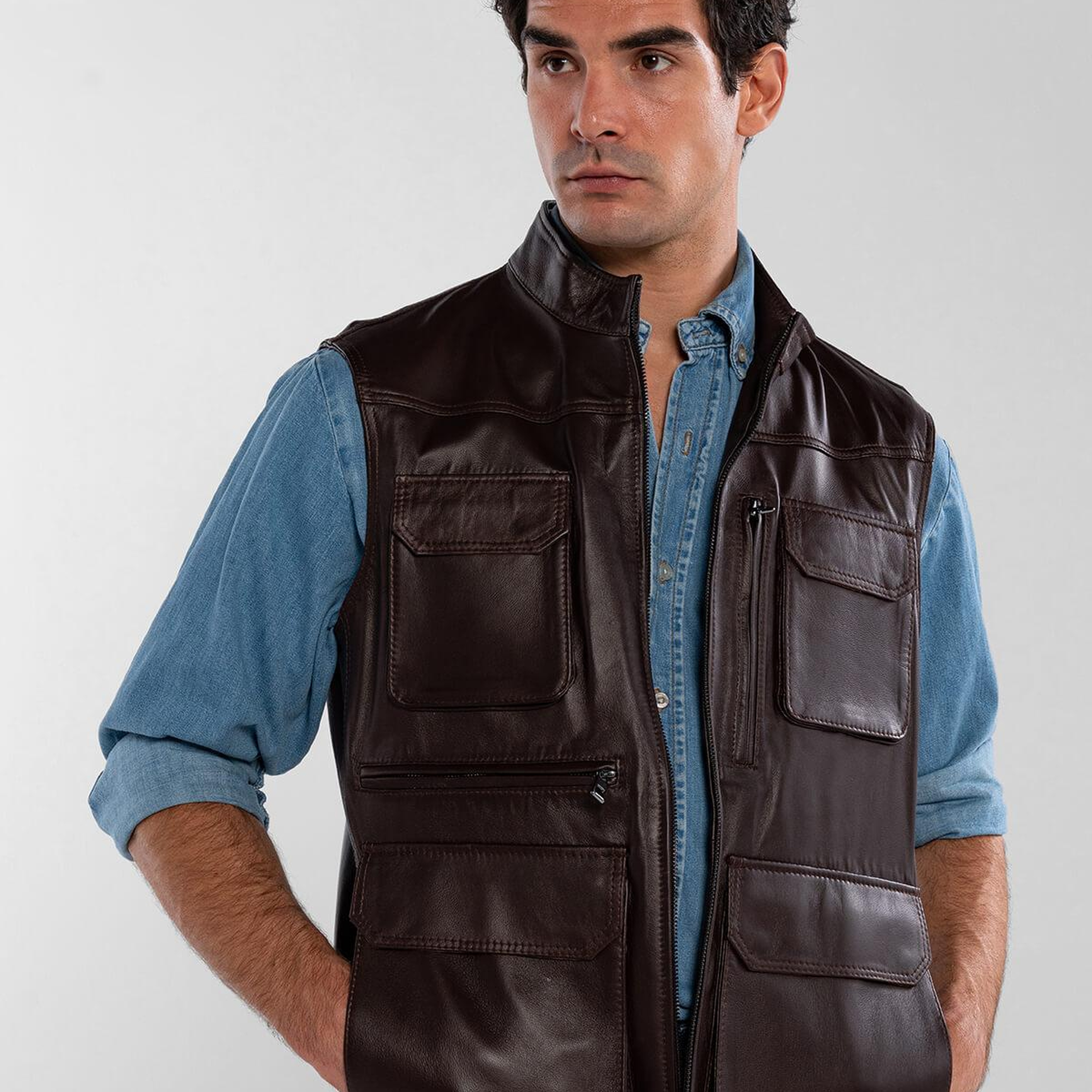 Tamer Tanca Erkek Hakiki Deri Kahverengi Yelek Deri Mont