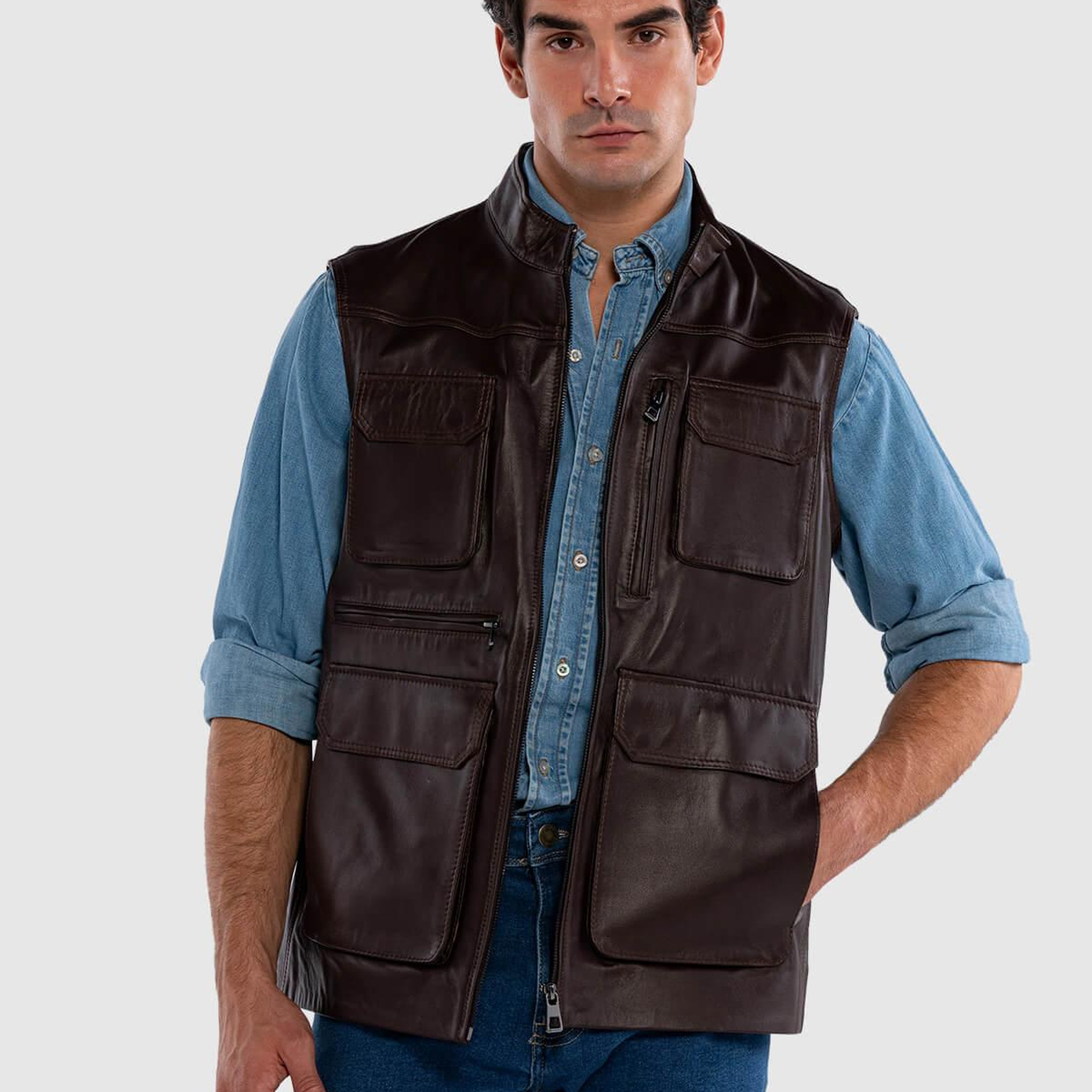 Tamer Tanca Erkek Hakiki Deri Kahverengi Yelek Deri Mont