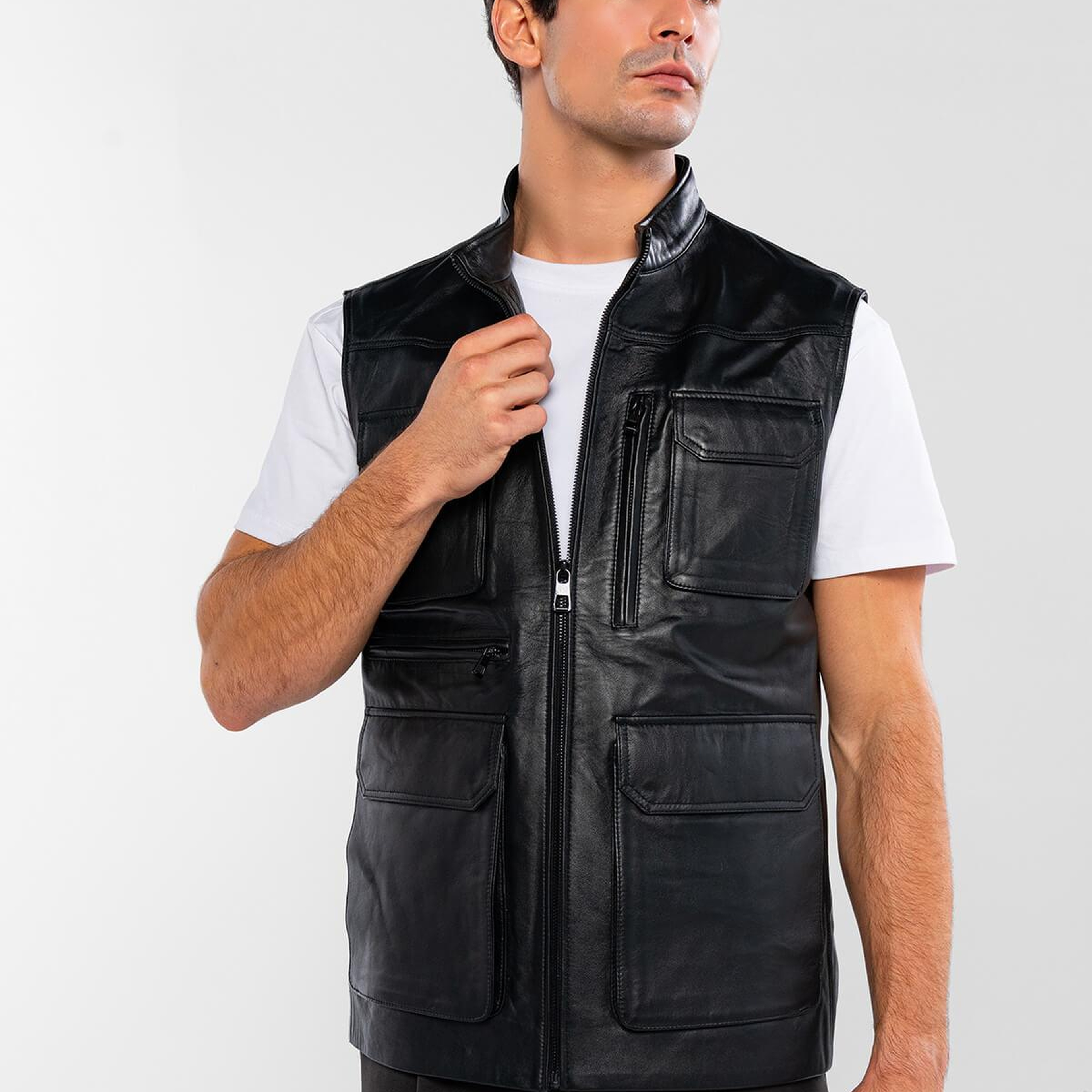 Tamer Tanca Erkek Hakiki Deri Siyah Yelek Deri Mont