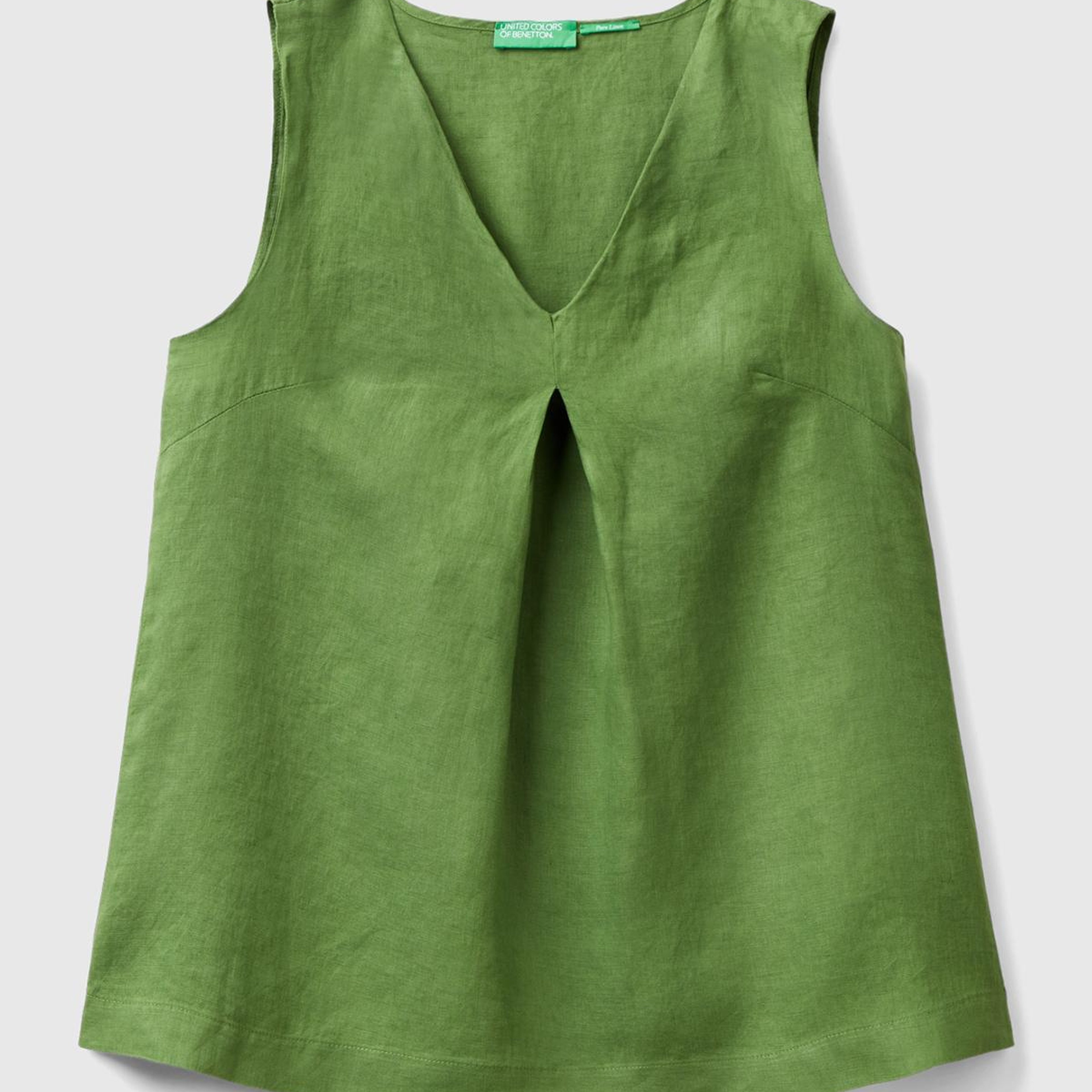 Kadın Soluk Yeşil %100 Keten V Yaka Kolsuz Geniş Kesim Bluz