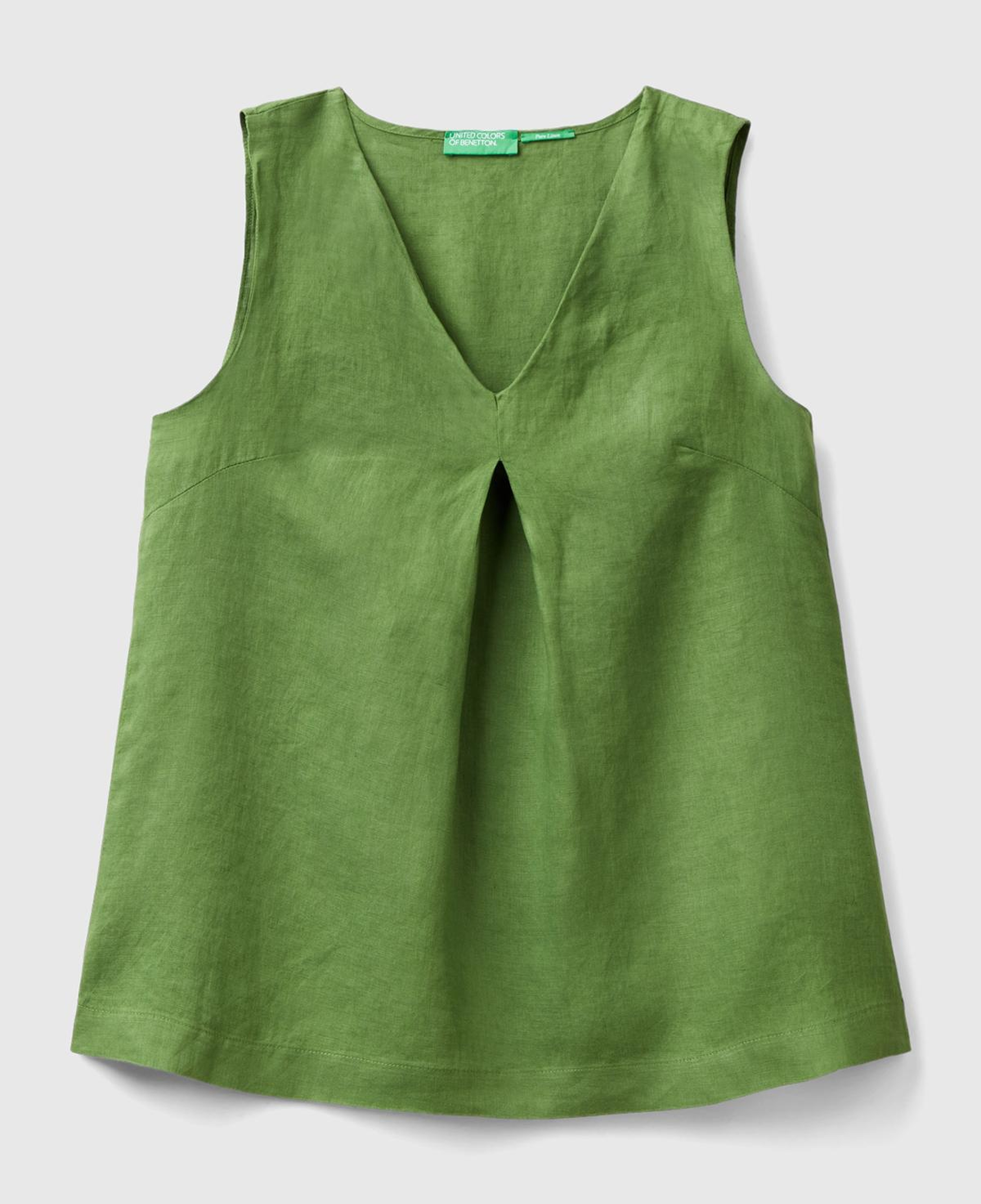 Kadın Soluk Yeşil %100 Keten V Yaka Kolsuz Geniş Kesim Bluz