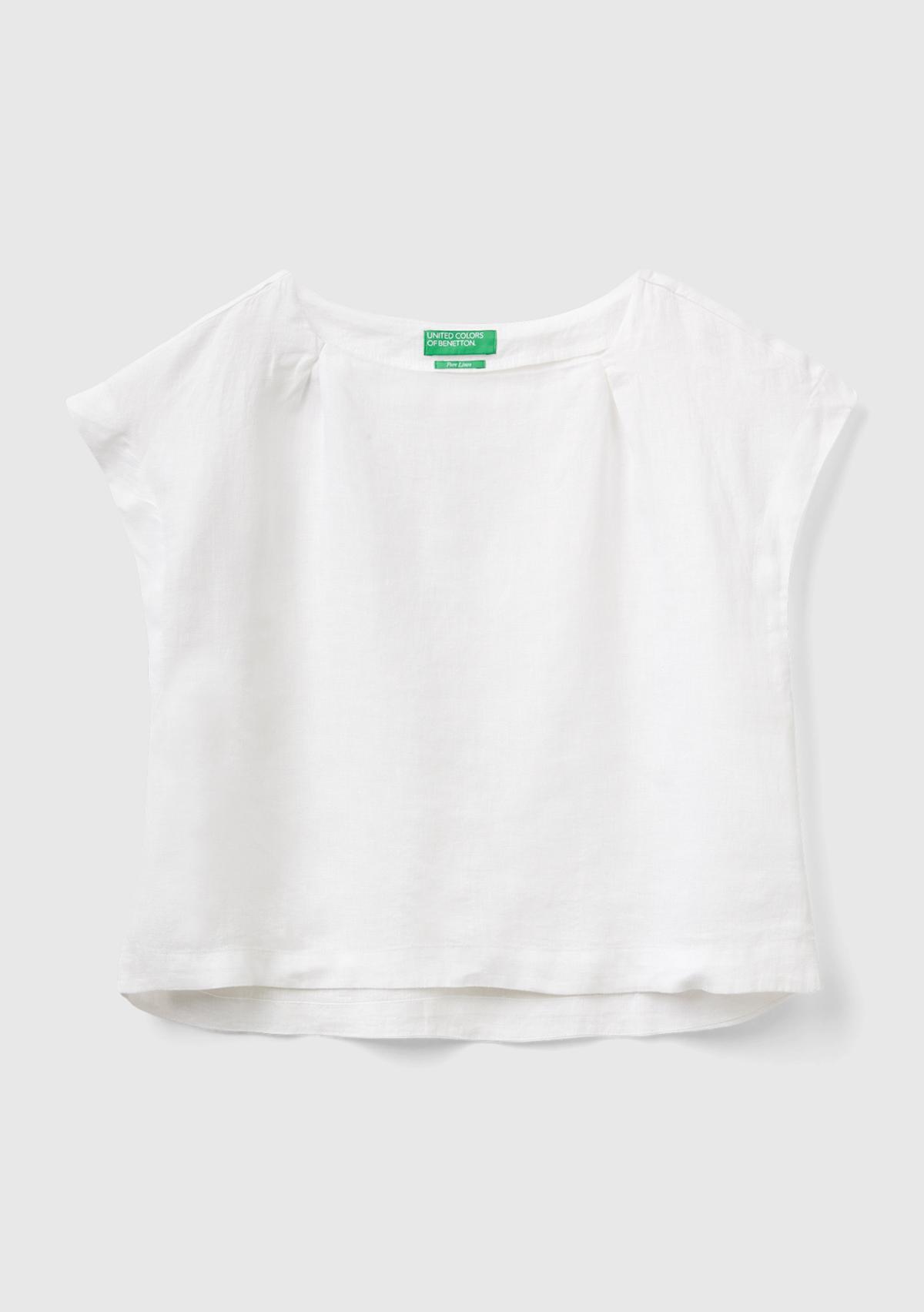 Kadın Beyaz %100 Keten Arkası Uzun Kayık Yaka Crop Bluz