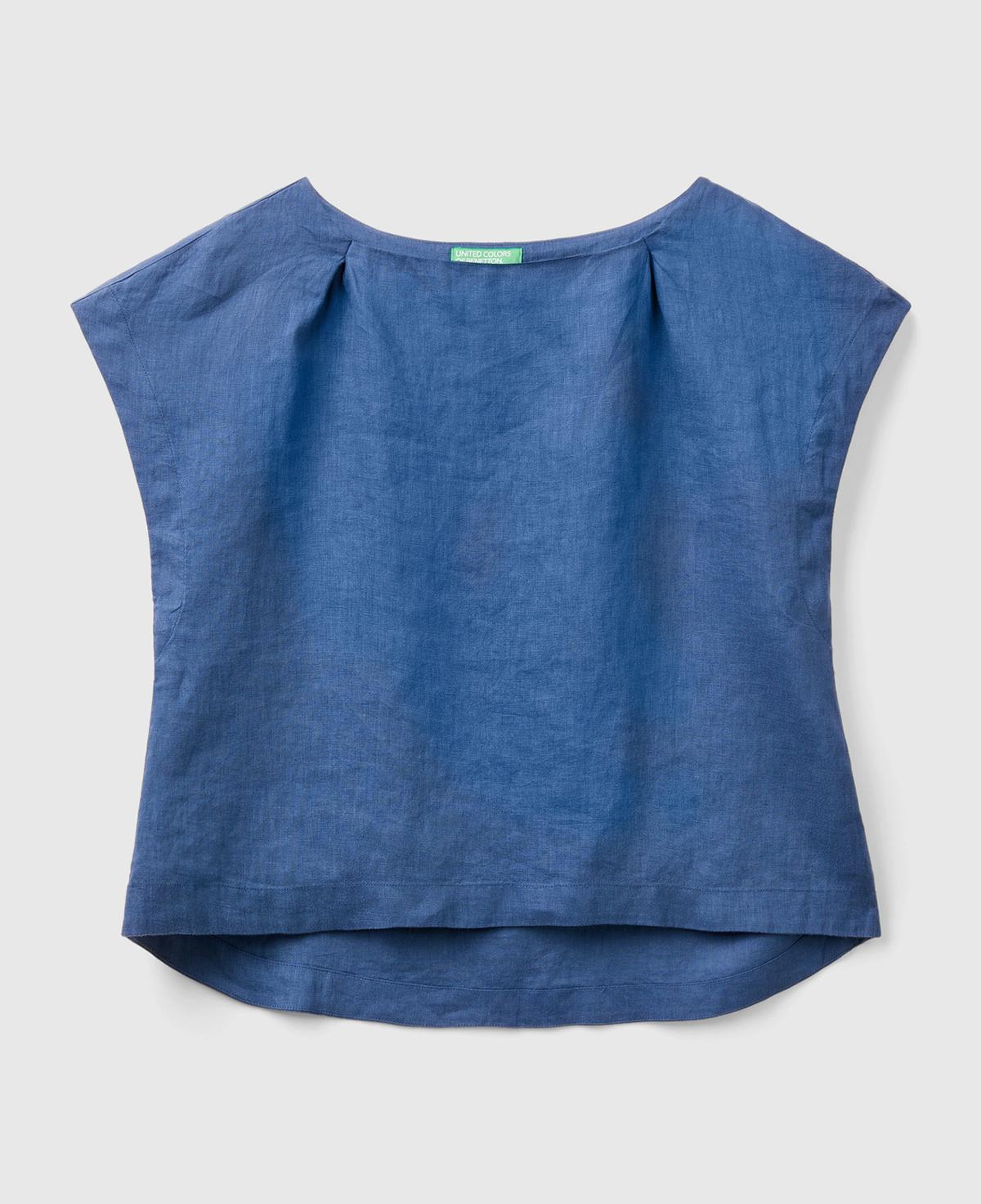 Kadın Gece Mavisi %100 Keten Arkası Uzun Kayık Yaka Crop Bluz