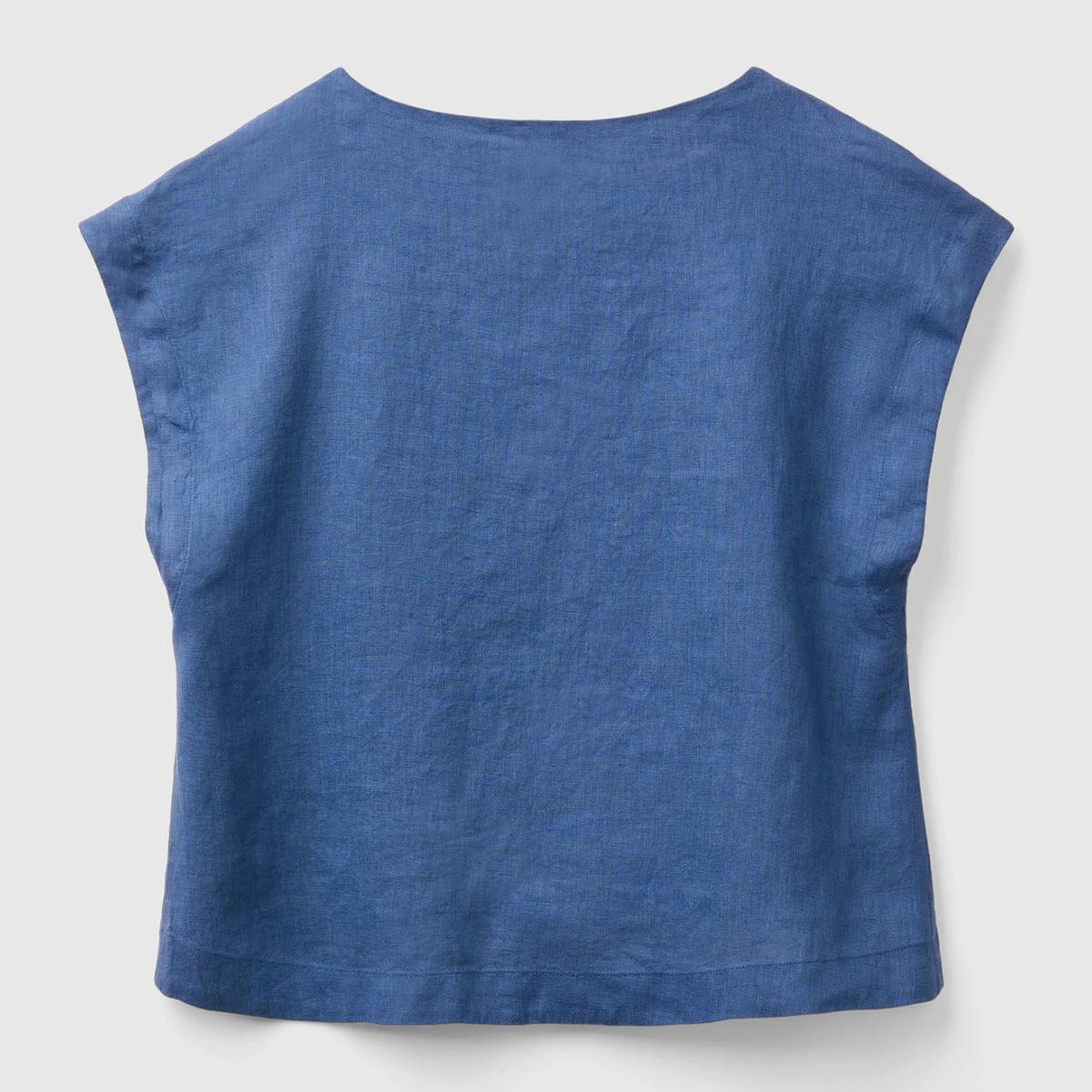 Kadın Gece Mavisi %100 Keten Arkası Uzun Kayık Yaka Crop Bluz