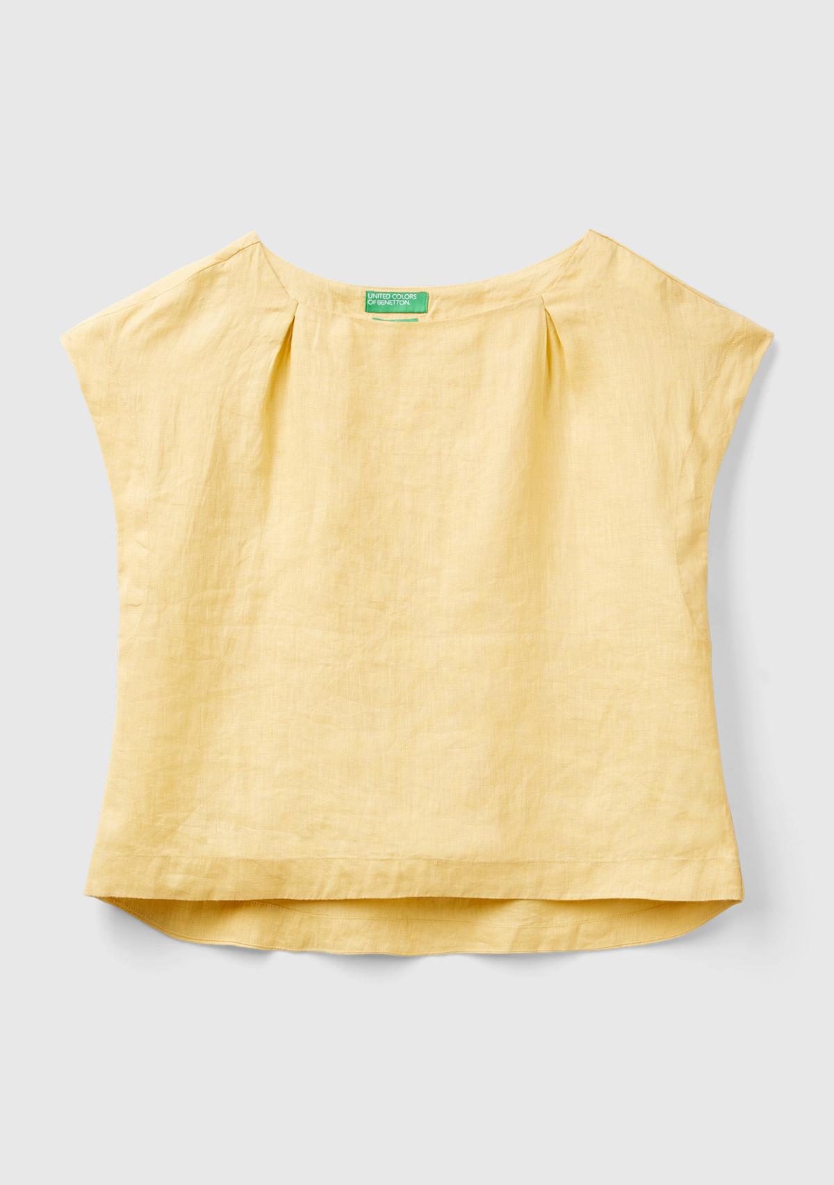 Kadın Açık Sarı %100 Keten Arkası Uzun Kayık Yaka Crop Bluz