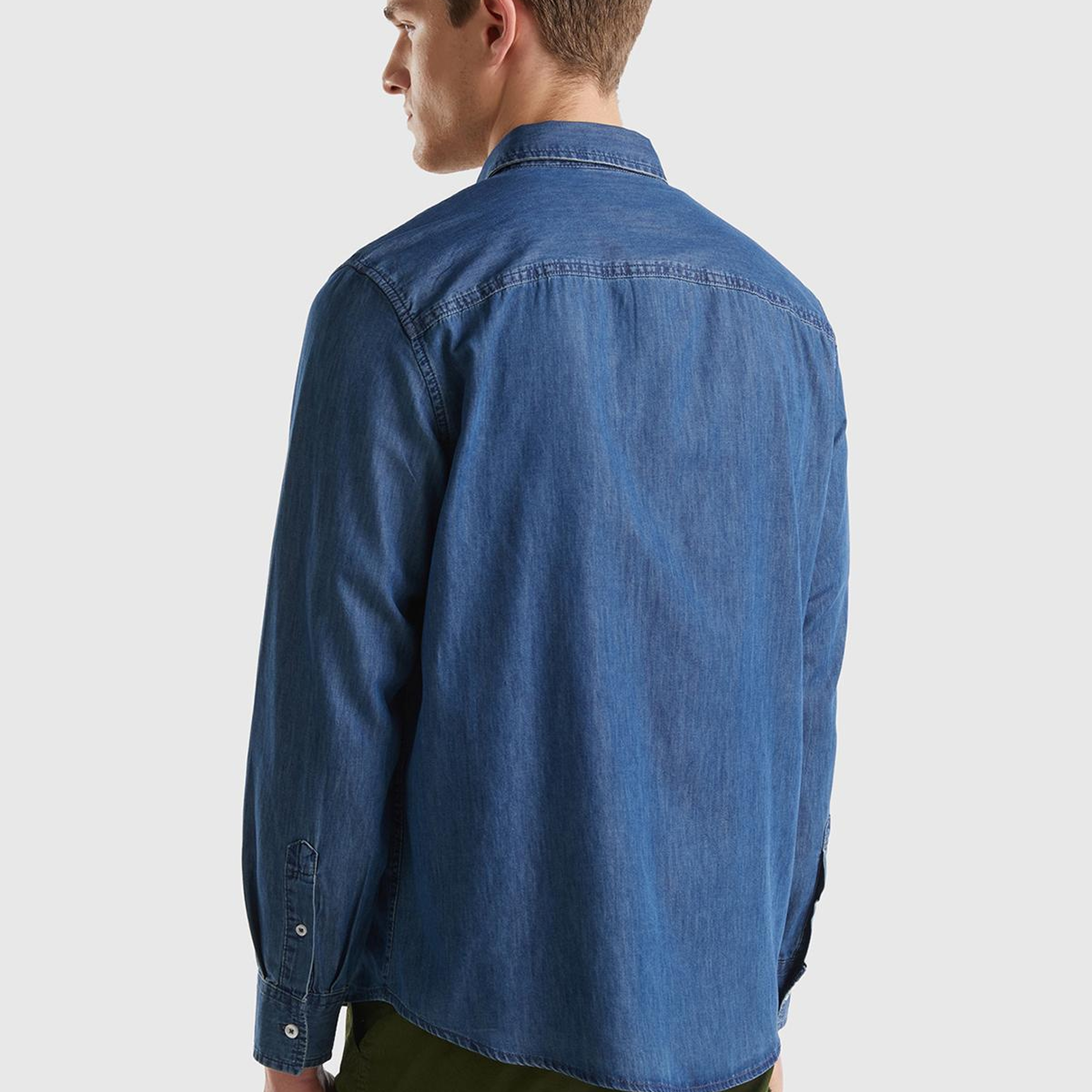 Erkek İndigo %100 Pamuk Göğüs Cepli Uzun Kollu Denim Gömlek