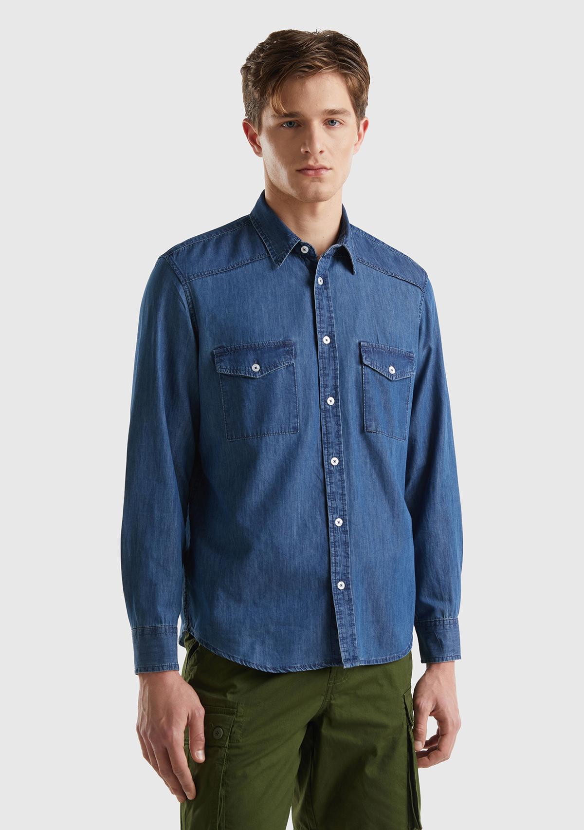 Erkek İndigo %100 Pamuk Göğüs Cepli Uzun Kollu Denim Gömlek