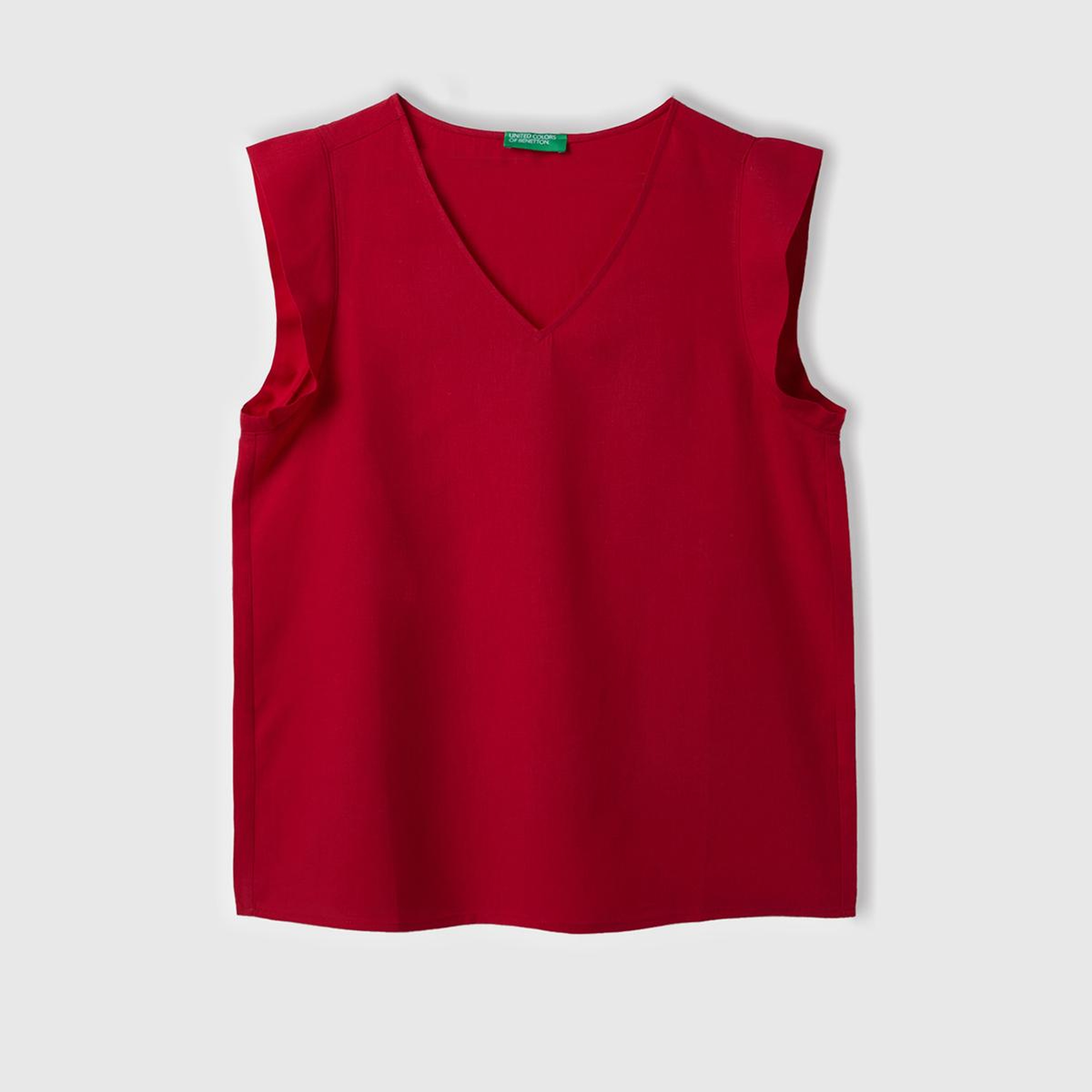 Kadın Vişne Liyosel ve Keten Karışımlı Geniş Kesim V Yaka Bluz