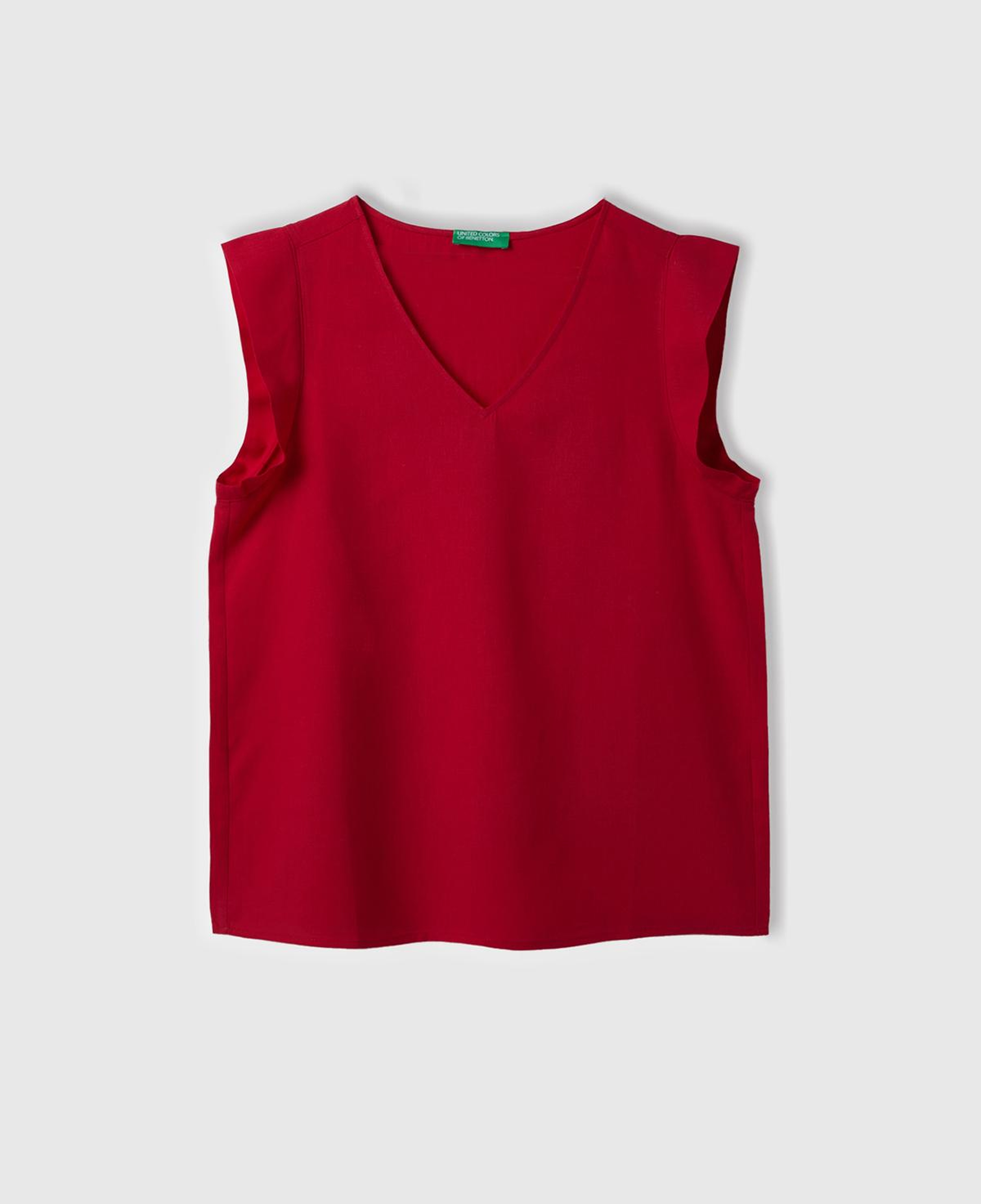 Kadın Vişne Liyosel ve Keten Karışımlı Geniş Kesim V Yaka Bluz