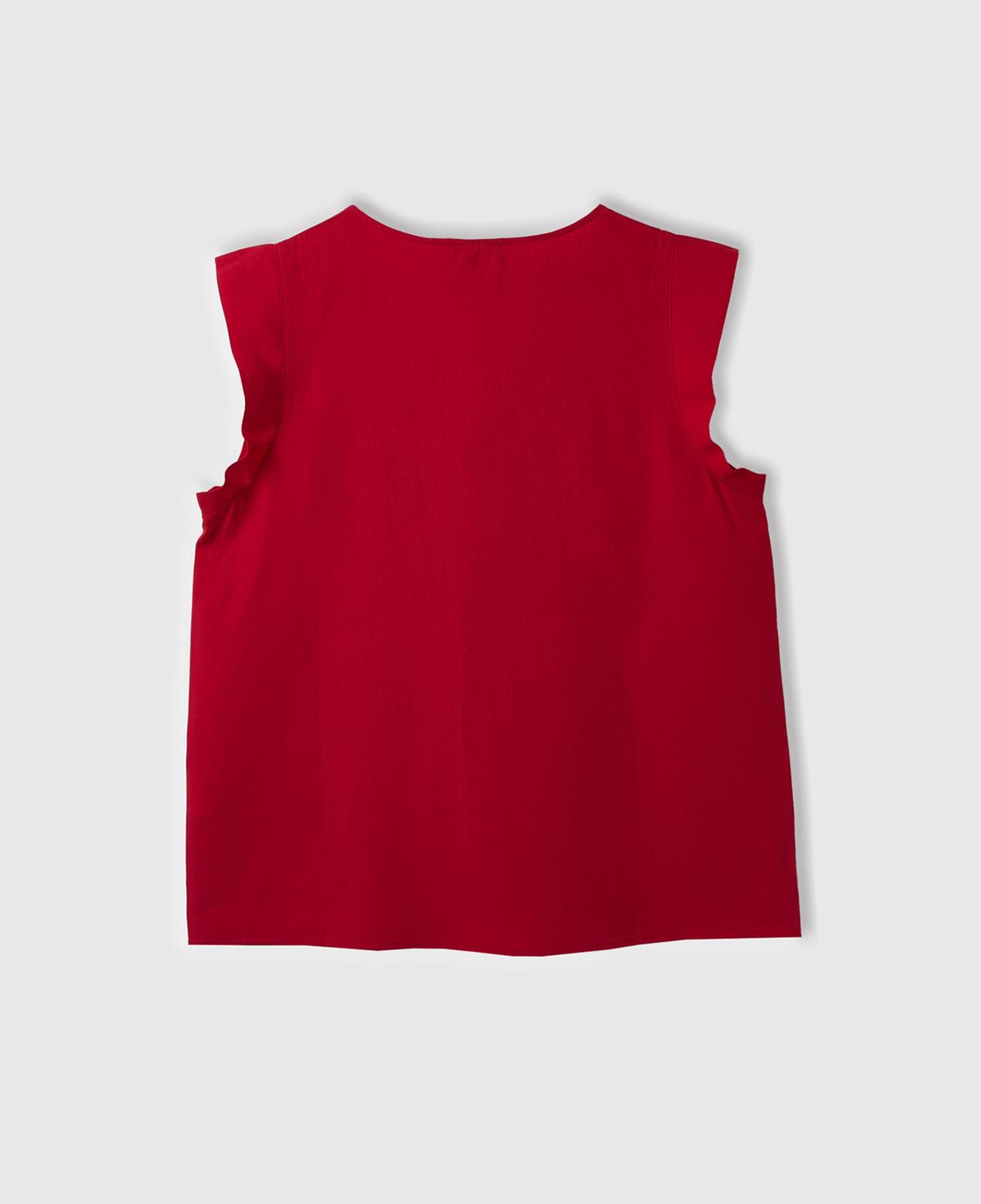 Kadın Vişne Liyosel ve Keten Karışımlı Geniş Kesim V Yaka Bluz