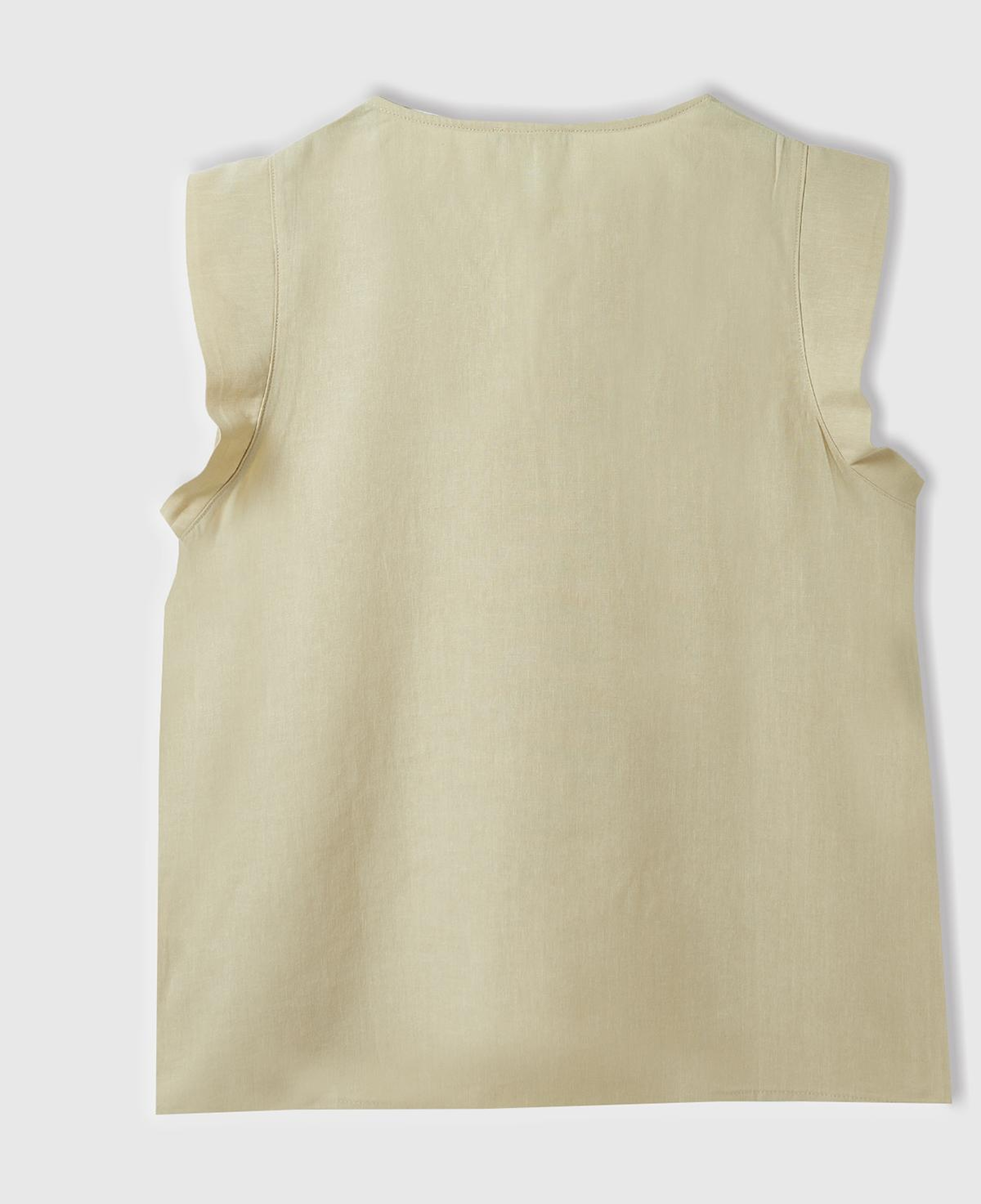 Kadın Bej Liyosel ve Keten Karışımlı Geniş Kesim V Yaka Bluz