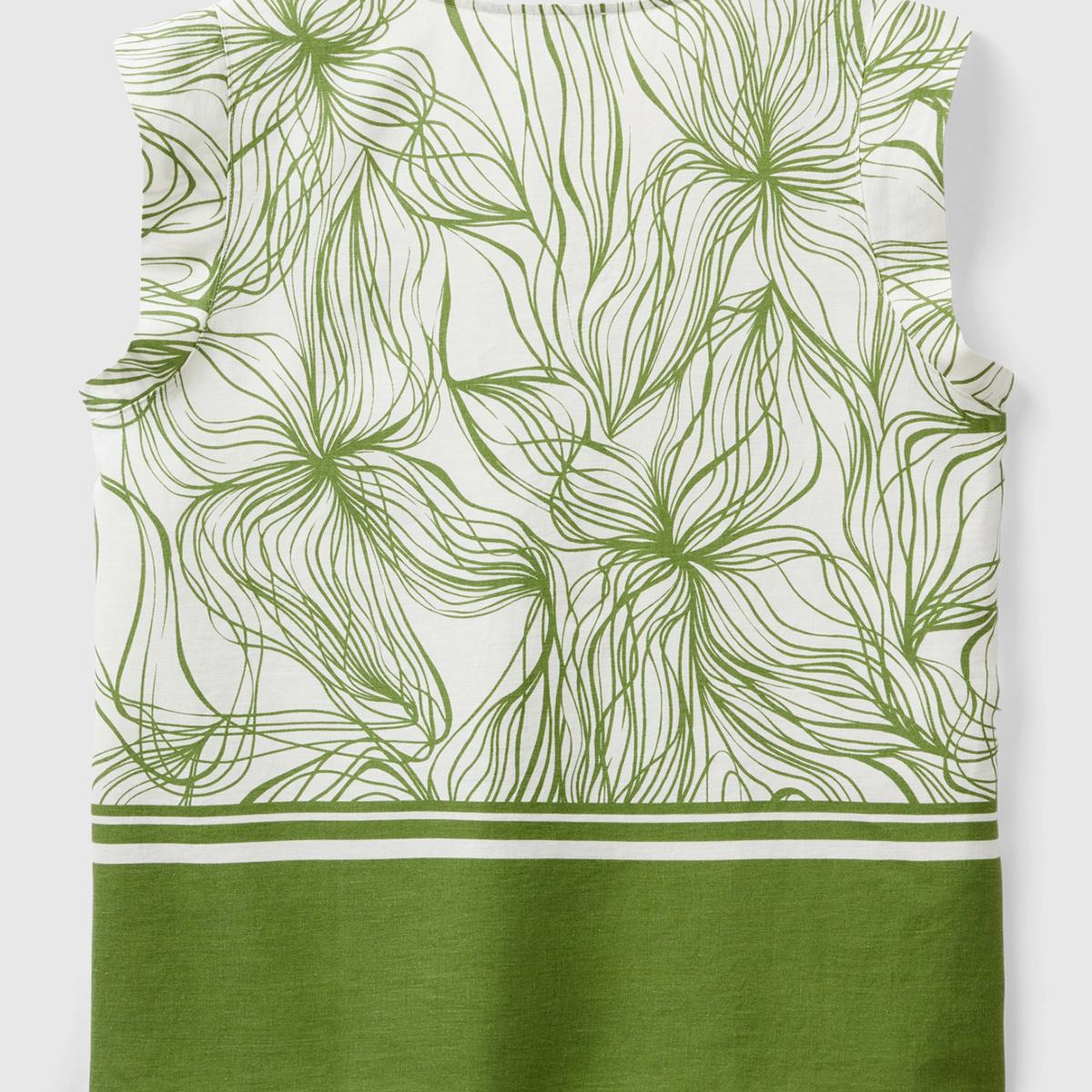 Kadın Yeşil Mix Liyosel ve Keten Karışımlı Baskılı Düz Kesim V Yaka Bluz