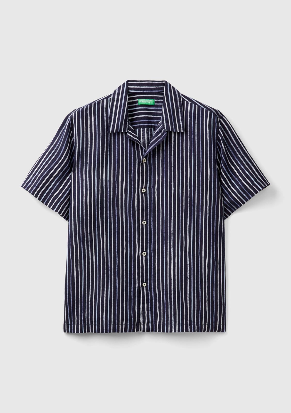 Erkek Koyu Mavi Keten Karışımlı Desenli Kısa Kollu Gömlek