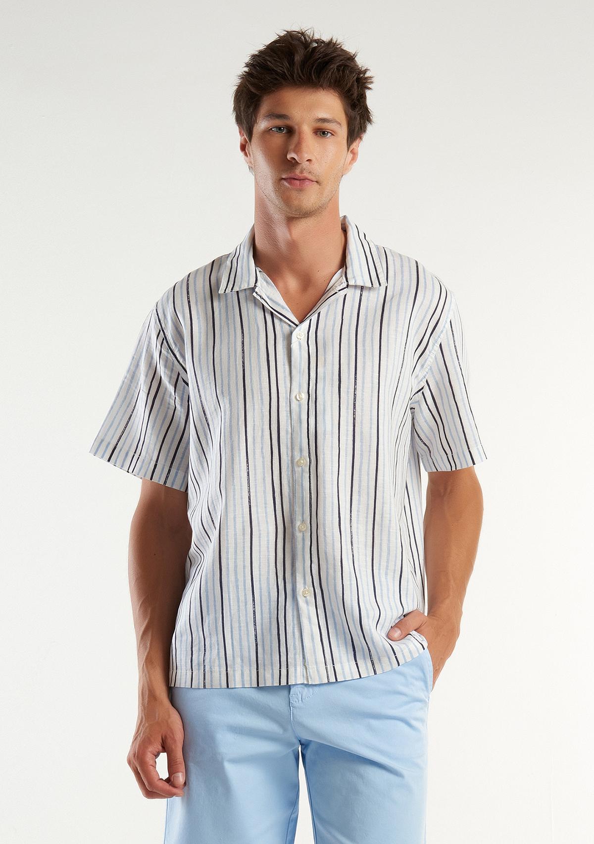 Erkek Beyaz Mix Keten Karışımlı Desenli Kısa Kollu Gömlek