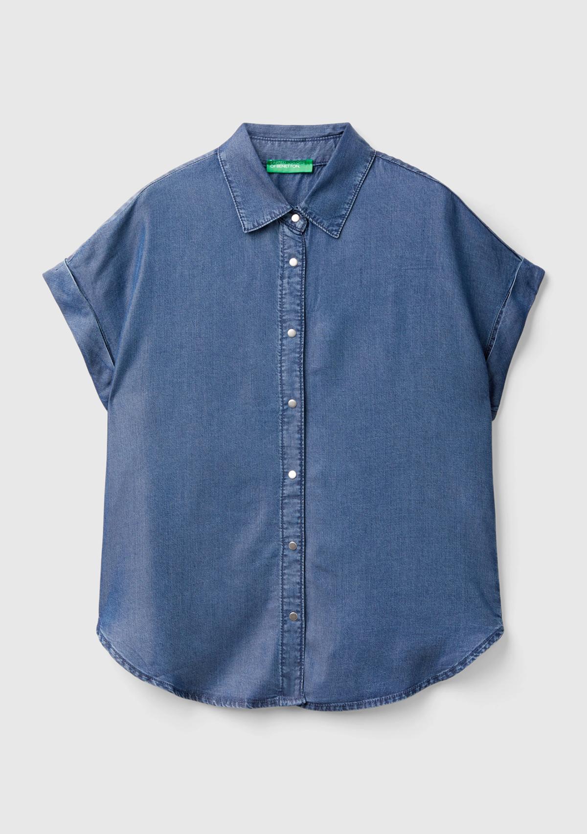 Kadın İndigo %100 Liyosel Arkası Uzun Kısa Kollu Denim Gömlek