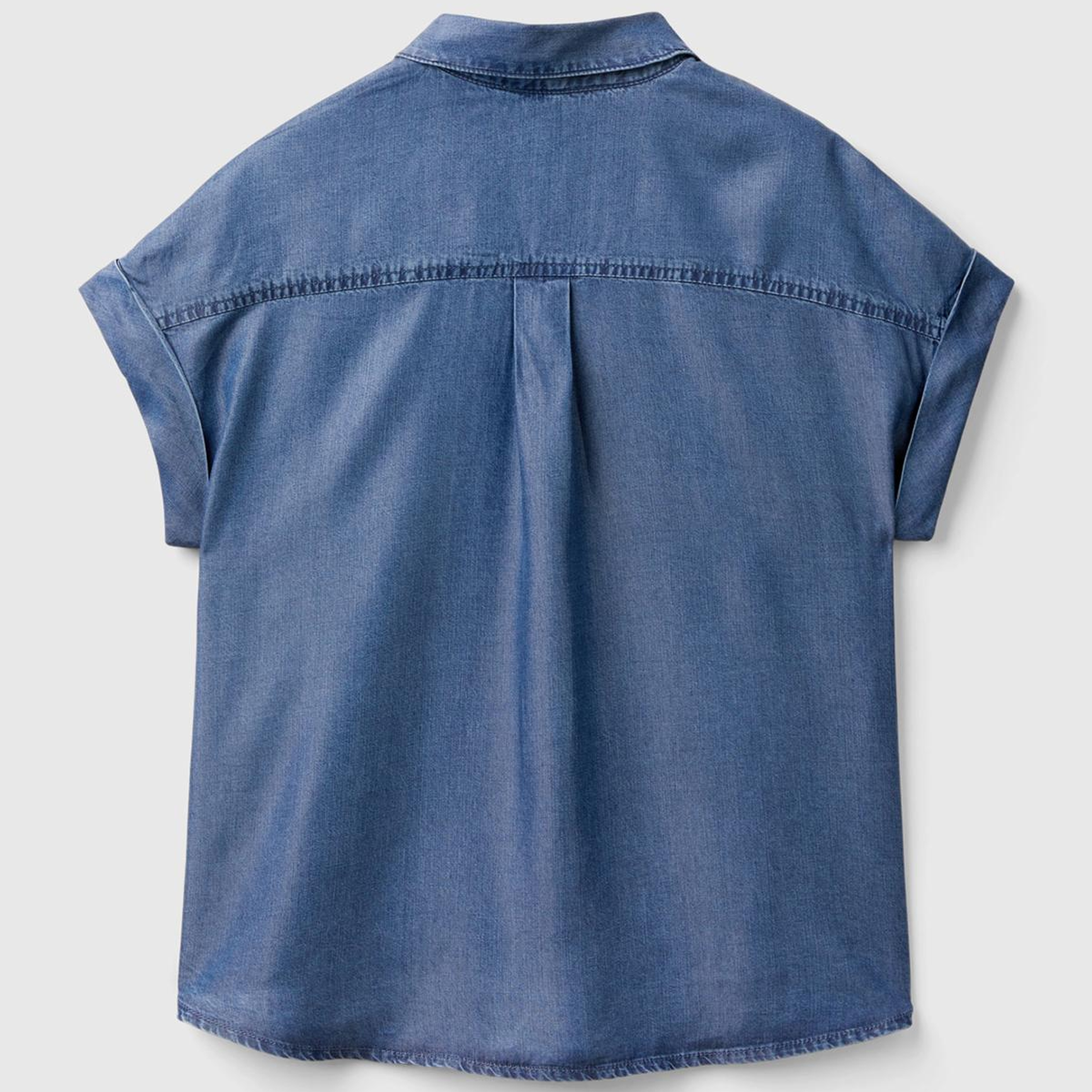 Kadın İndigo %100 Liyosel Arkası Uzun Kısa Kollu Denim Gömlek