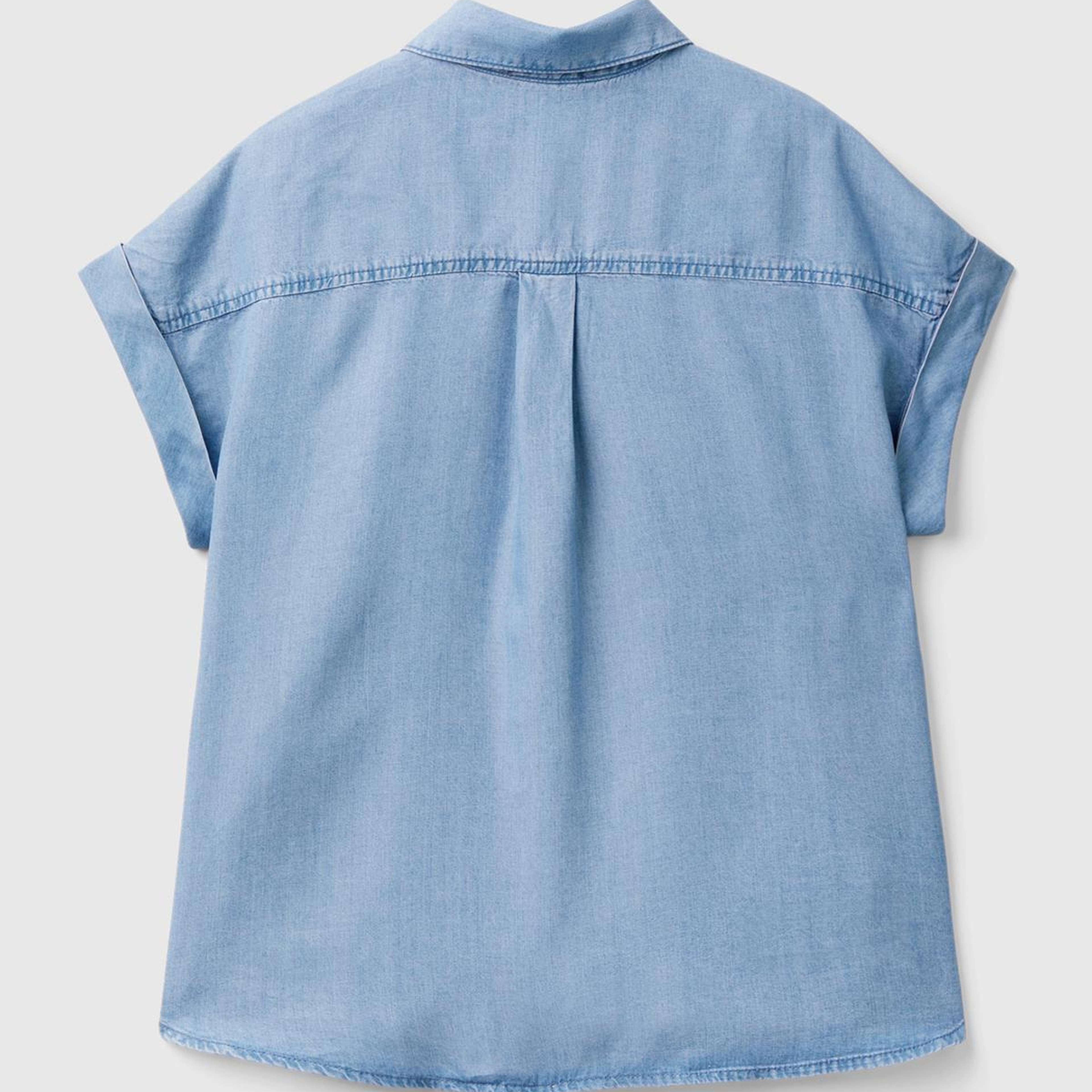 Kadın Mavi %100 Liyosel Arkası Uzun Kısa Kollu Denim Gömlek