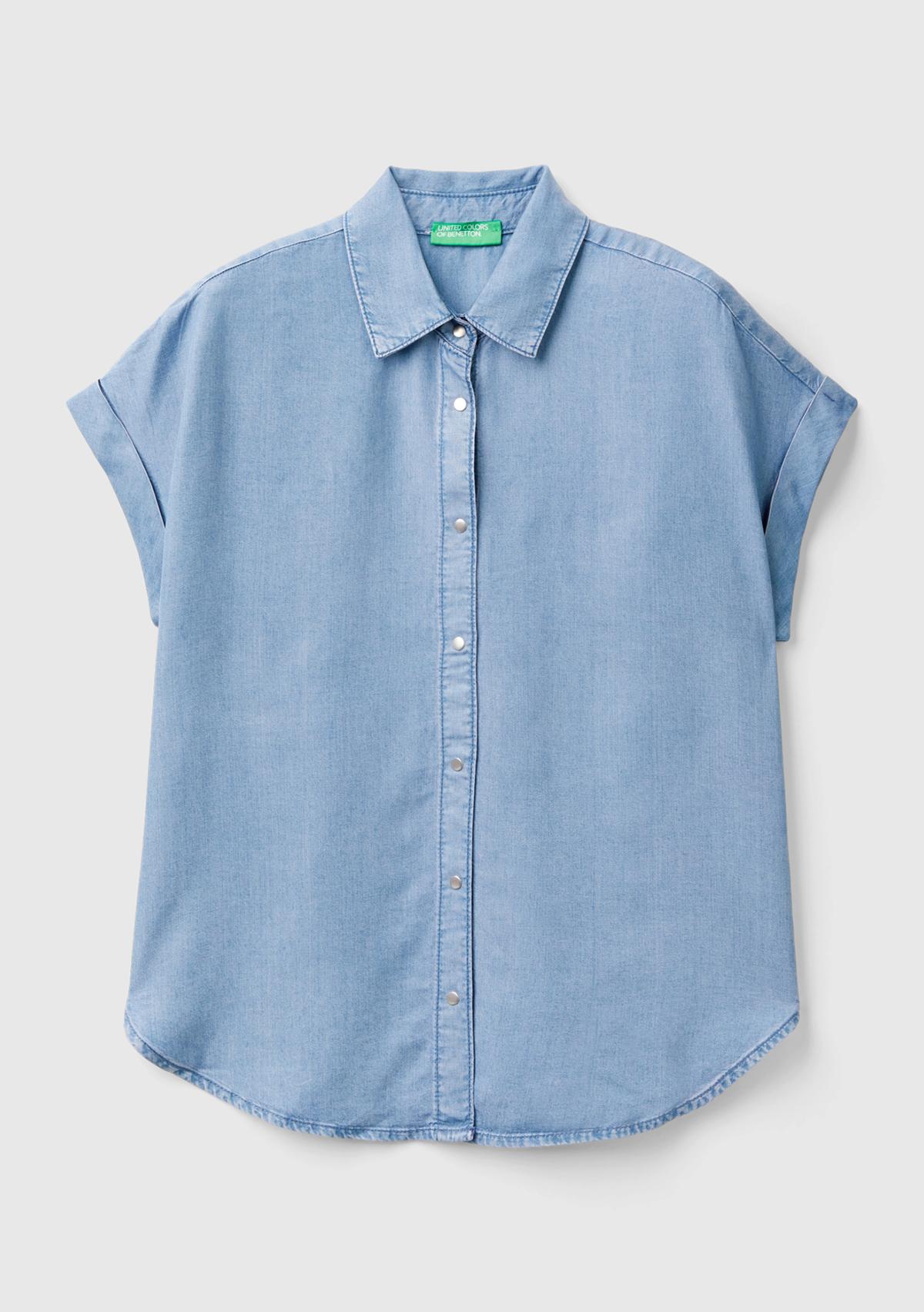 Kadın Mavi %100 Liyosel Arkası Uzun Kısa Kollu Denim Gömlek