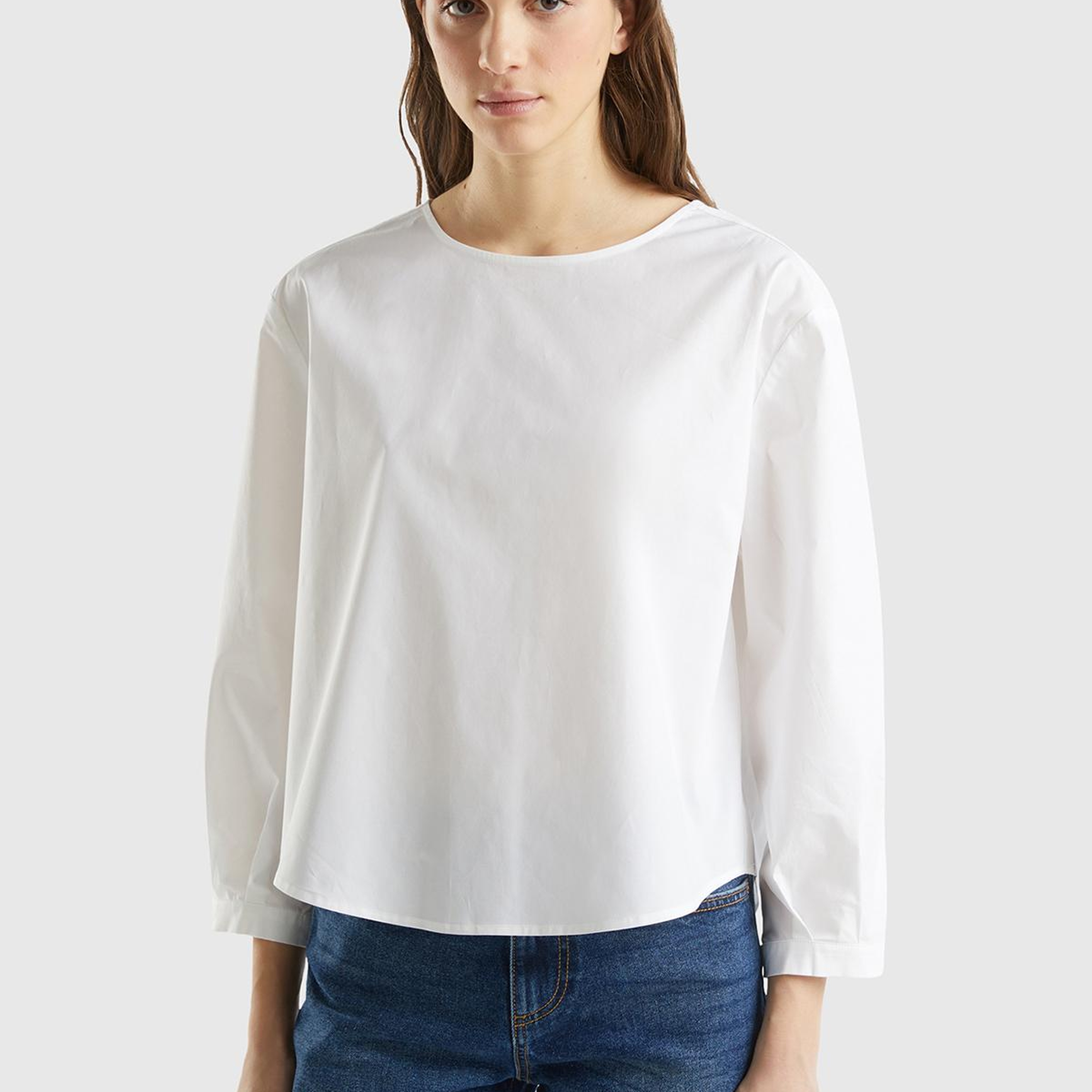 Kadın Beyaz Streç Pamuklu Kayık Yaka Bluz