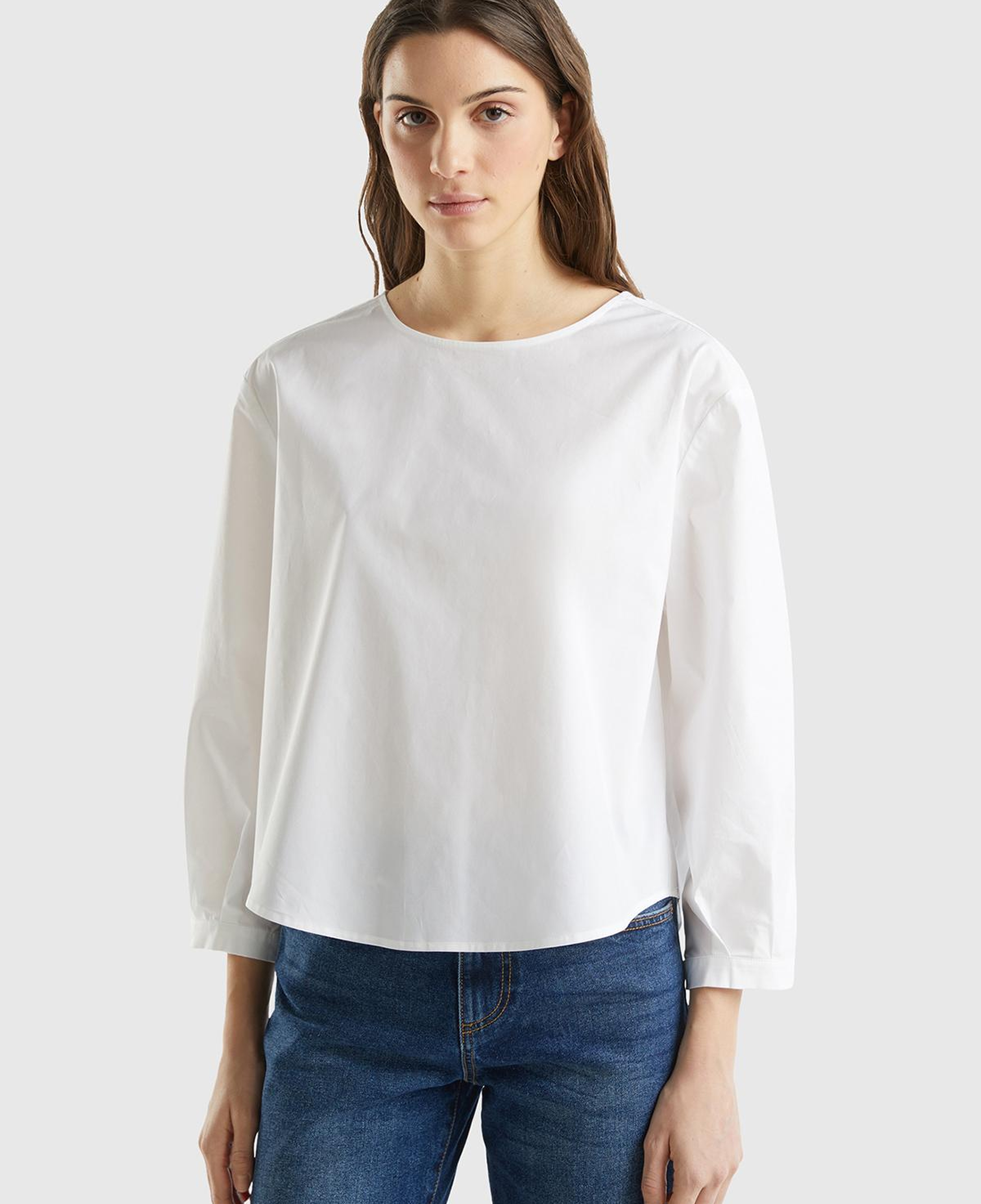 Kadın Beyaz Streç Pamuklu Kayık Yaka Bluz