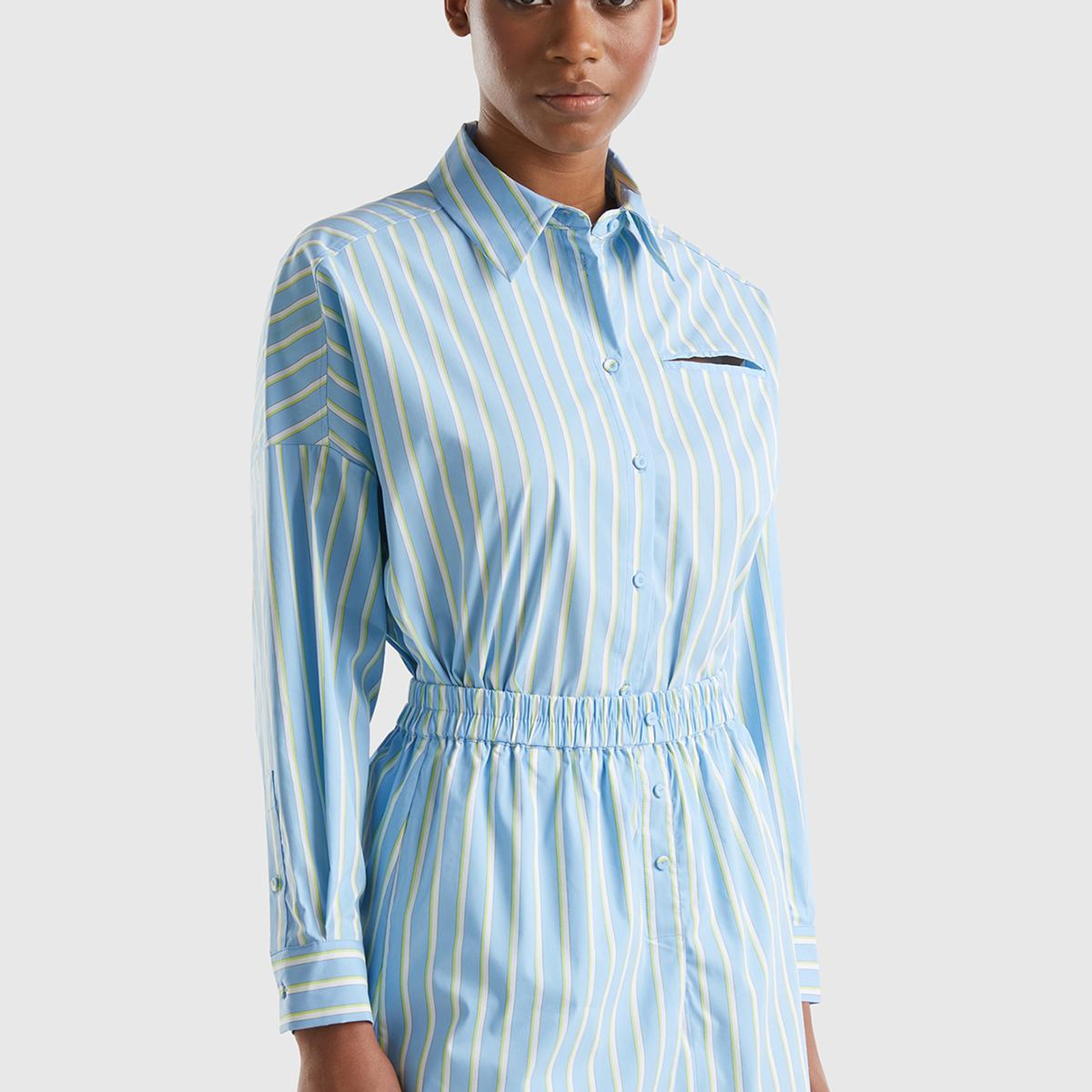 Kadın Mavi Streç Pamuklu Logo Detaylı Çizgili Uzun Kollu Gömlek