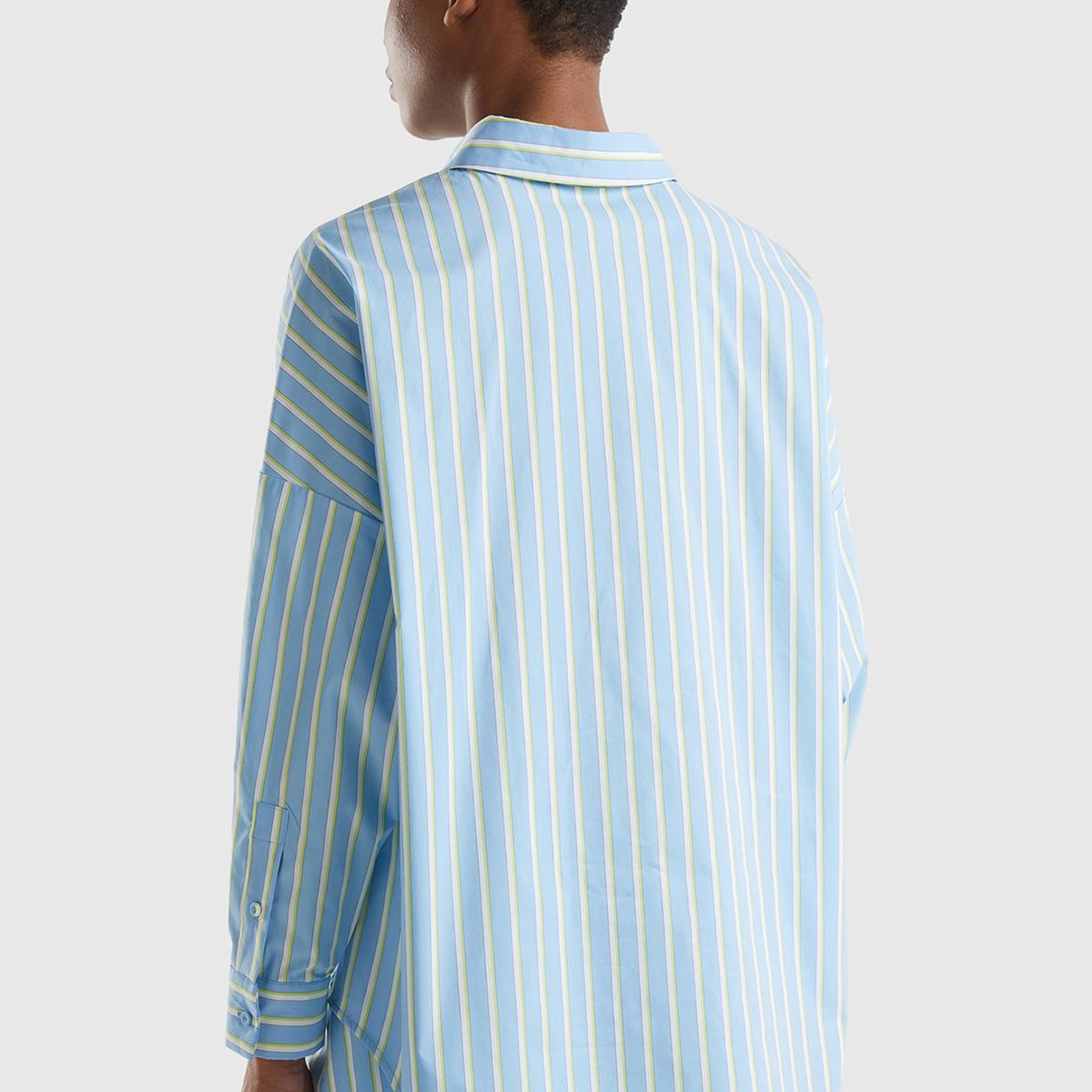 Kadın Mavi Streç Pamuklu Logo Detaylı Çizgili Uzun Kollu Gömlek