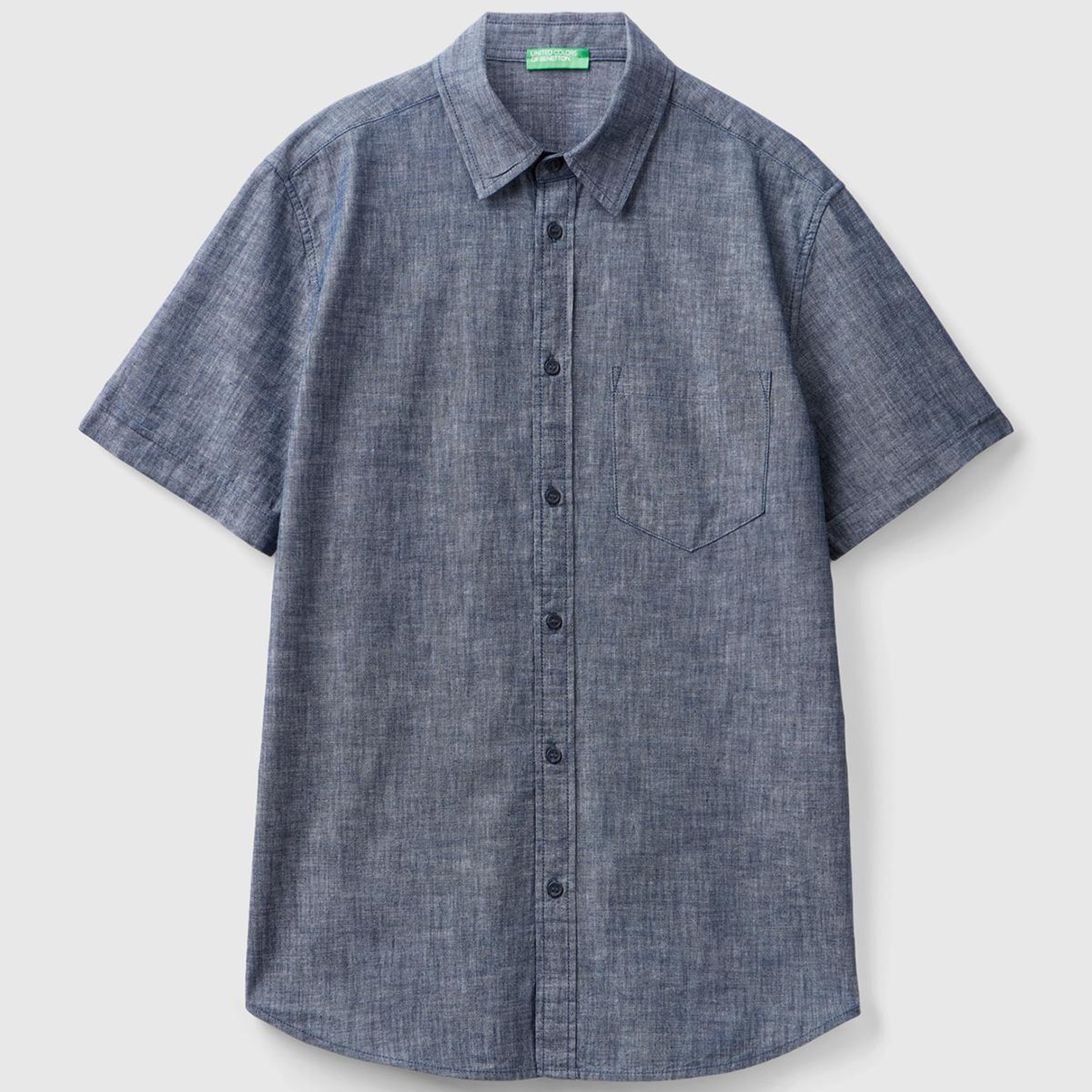 Erkek İndigo %100 Pamuk Göğüs Cepli Kısa Kollu Denim Gömlek