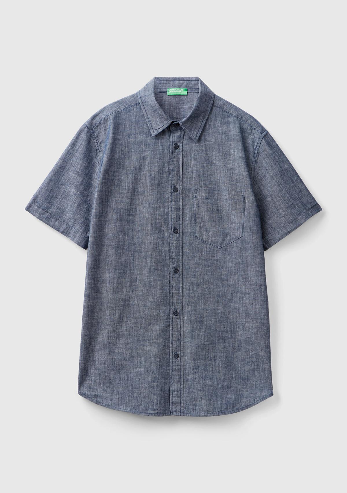 Erkek İndigo %100 Pamuk Göğüs Cepli Kısa Kollu Denim Gömlek