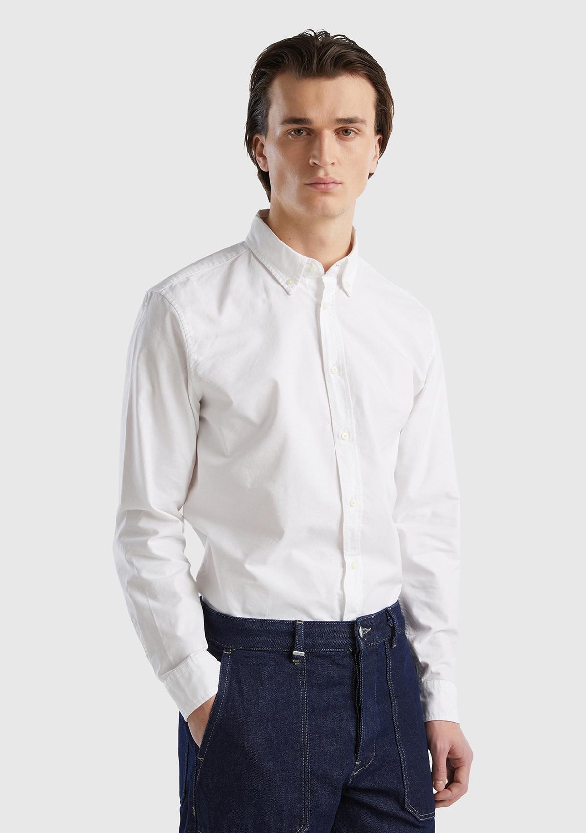 Erkek Beyaz %100 Pamuk Arkası Robalı Slim Fit Gömlek