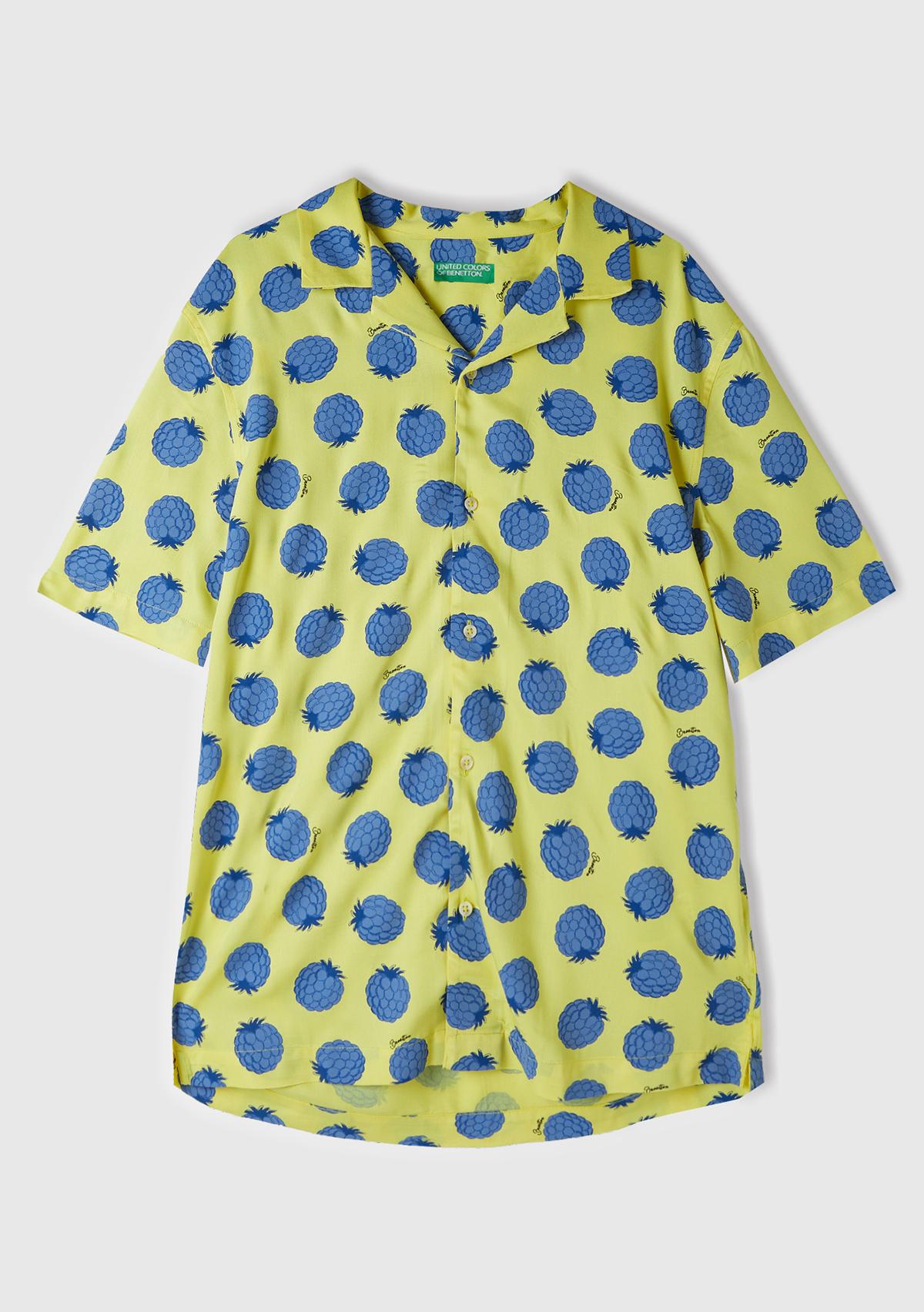 Erkek Sarı Mix %100 Viskoz Tamamı Meyve Baskılı Kısa Kollu Gömlek