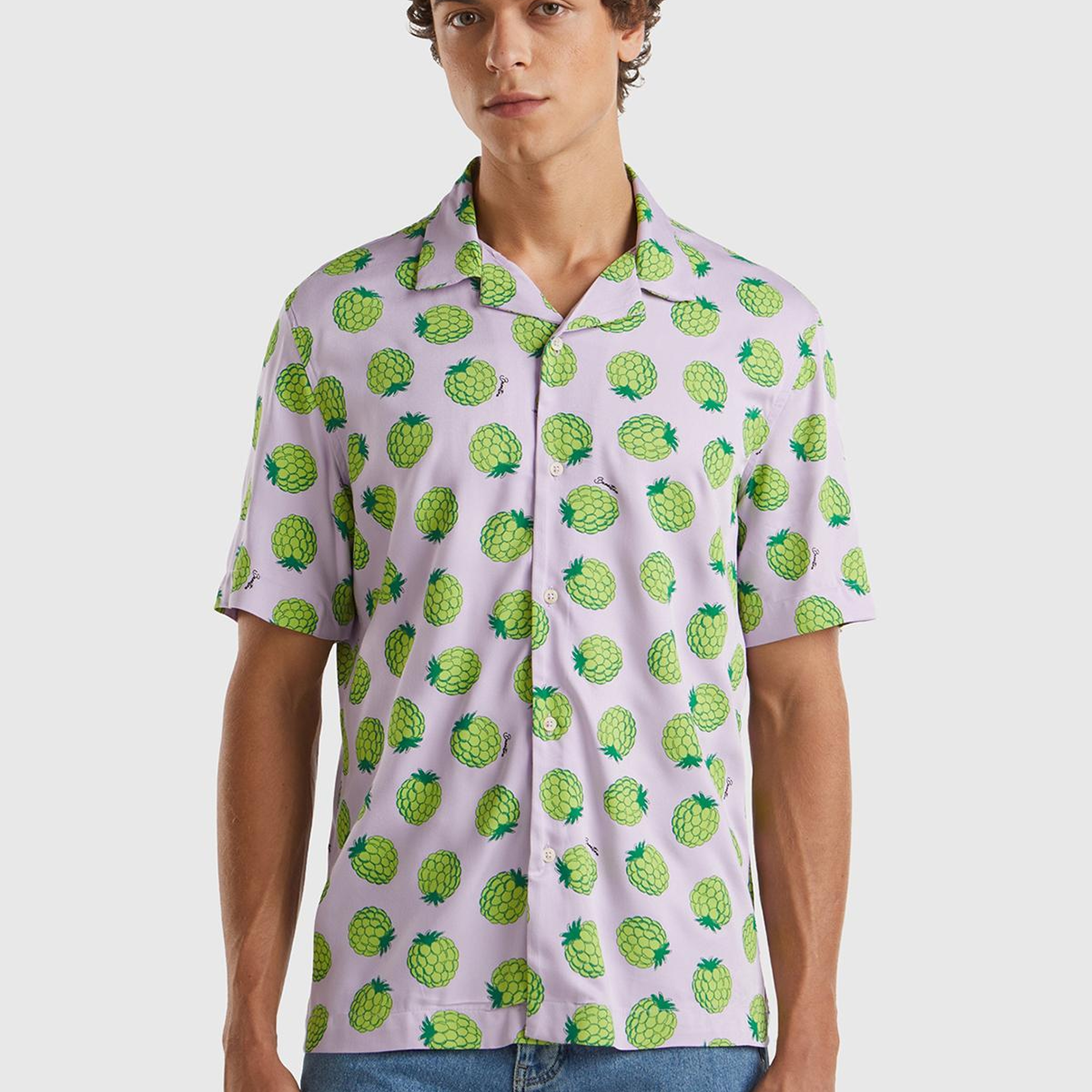 Erkek Lila Mix %100 Viskoz Tamamı Meyve Baskılı Kısa Kollu Gömlek