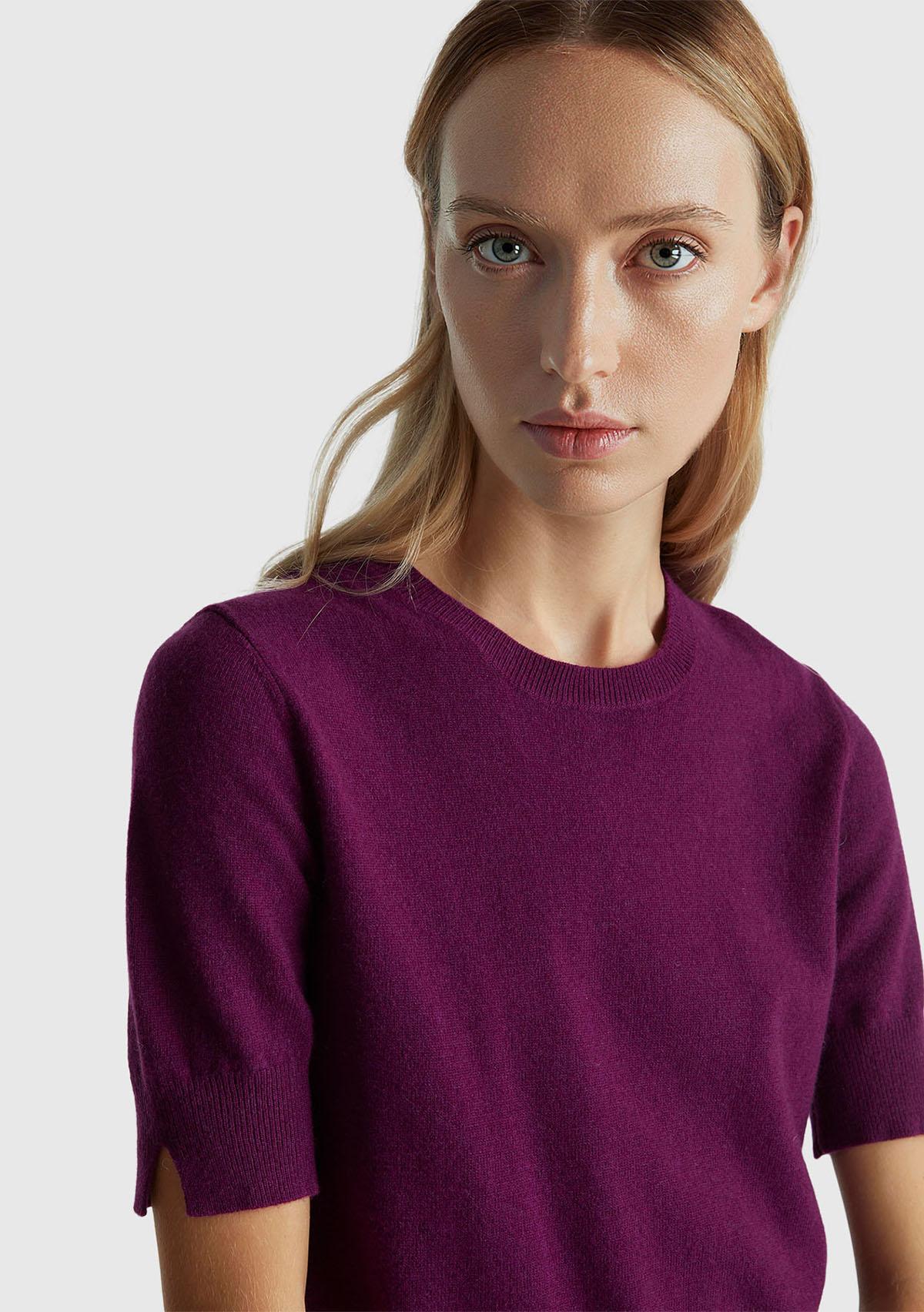 Kadın Mürdüm %100 Merino Bisiklet Yaka  Kısa Kollu Kazak