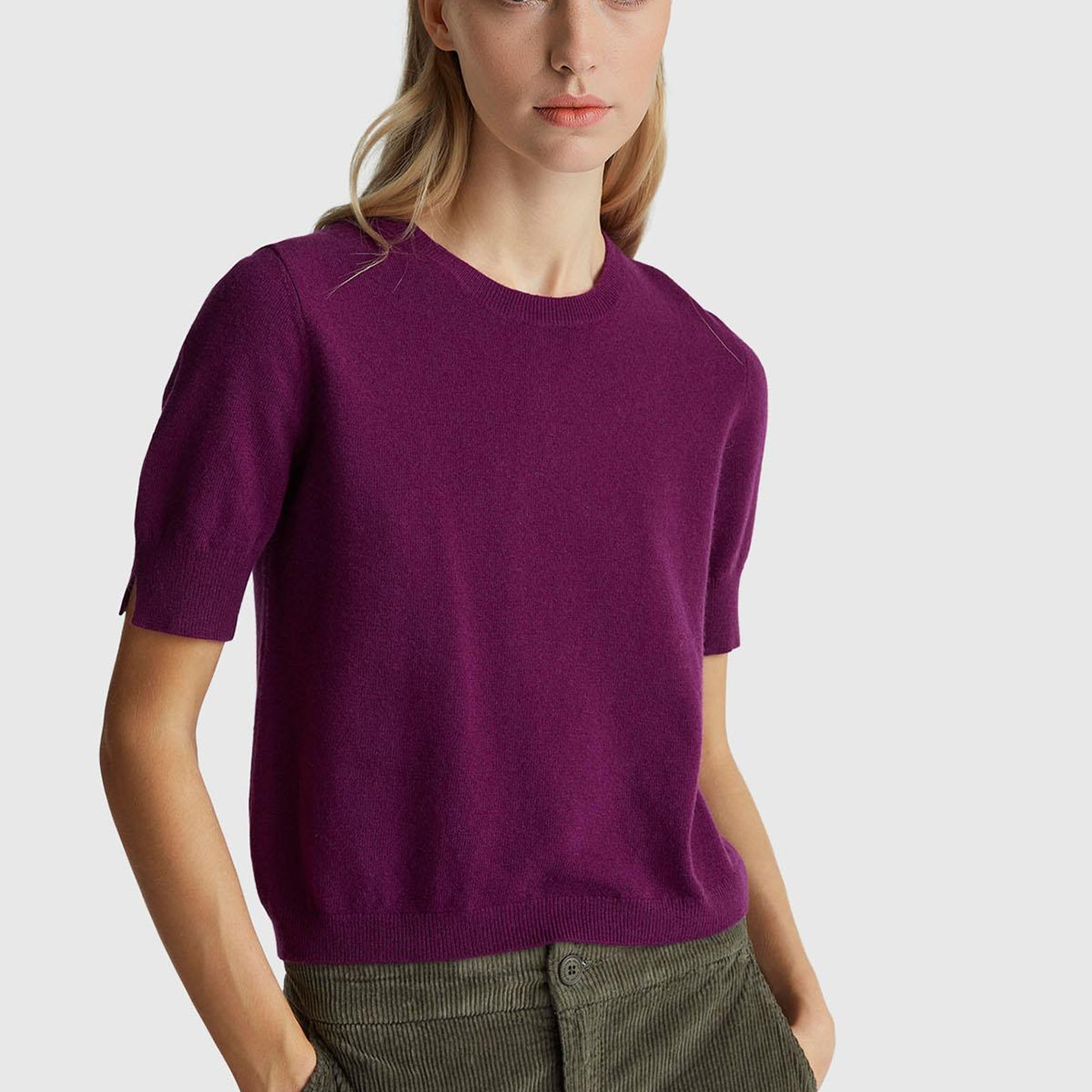 Kadın Mürdüm %100 Merino Bisiklet Yaka  Kısa Kollu Kazak