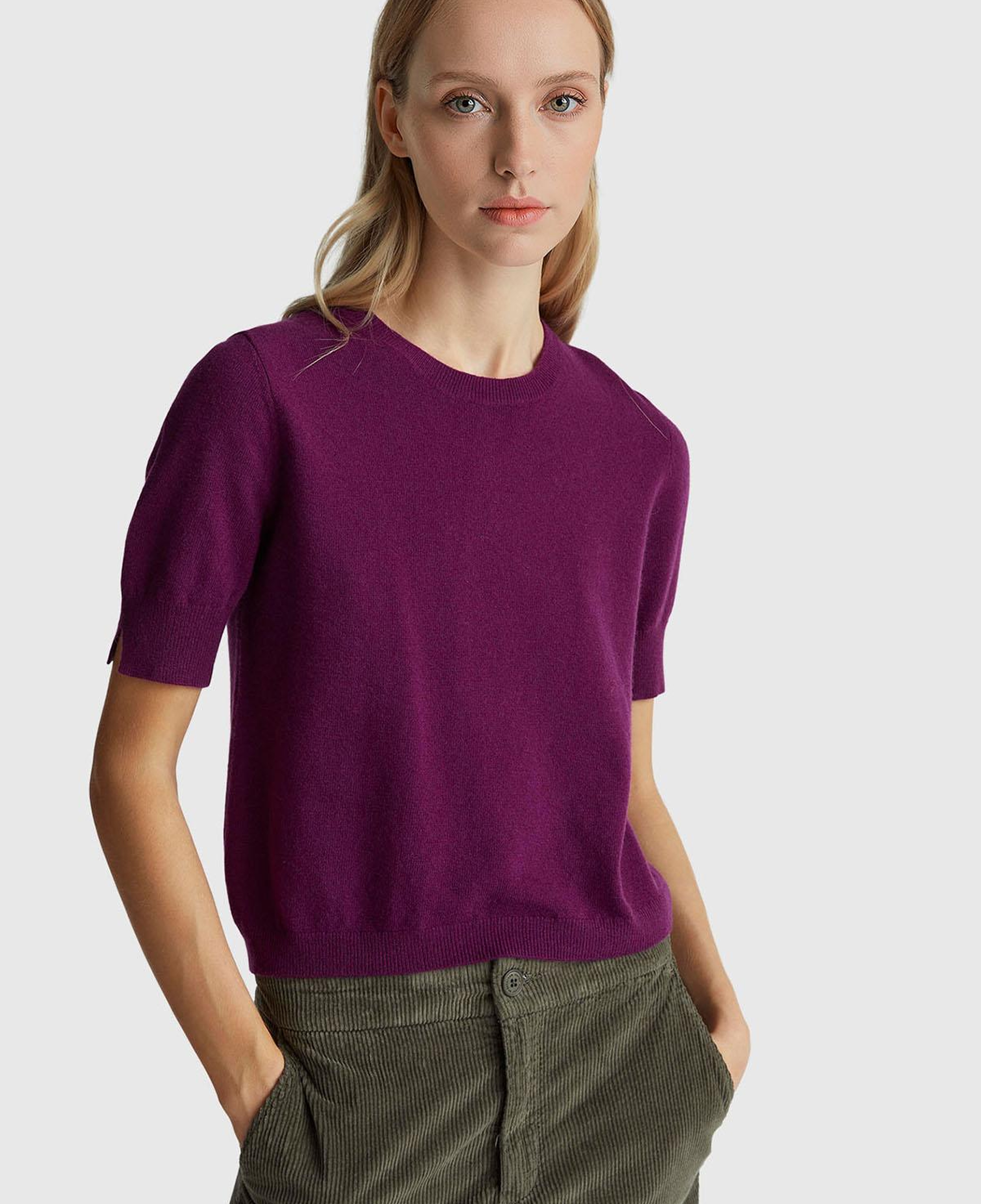 Kadın Mürdüm %100 Merino Bisiklet Yaka  Kısa Kollu Kazak