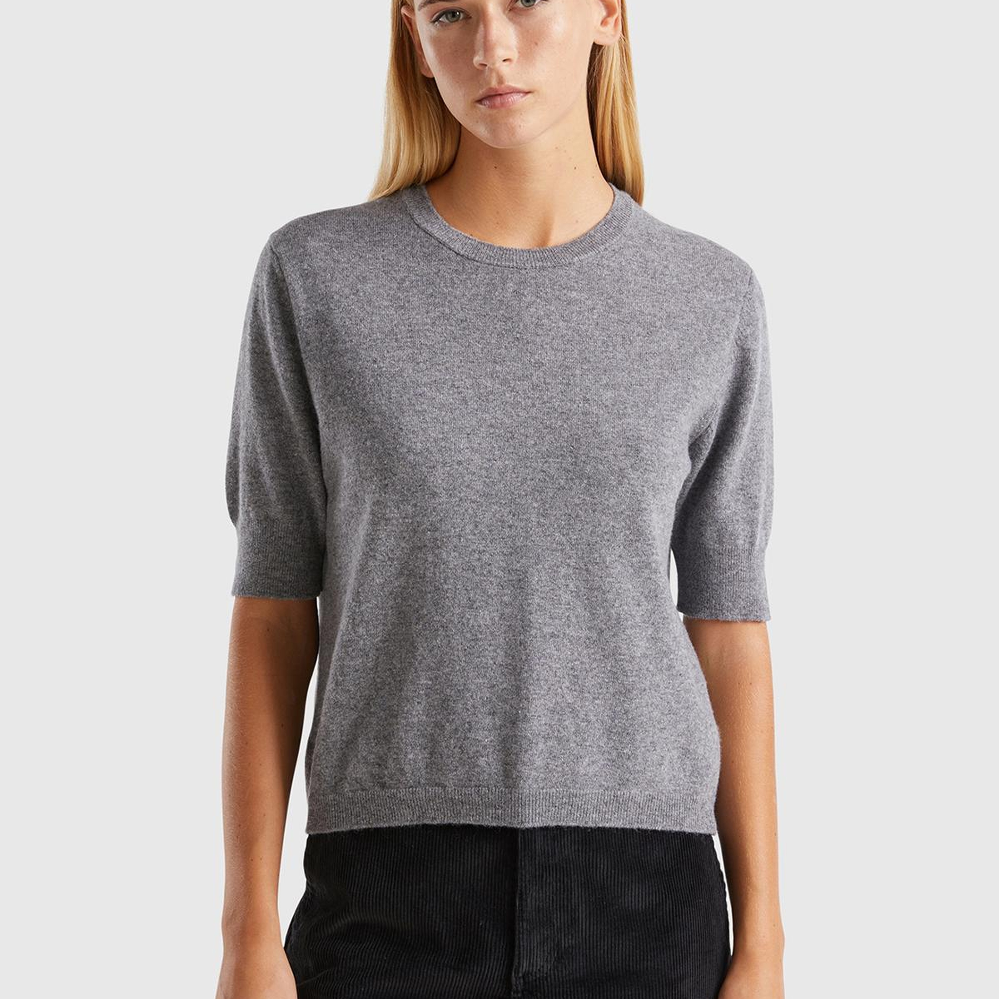 Kadın Antrasit Melanj %100 Merino Bisiklet Yaka  Kısa Kollu Kazak