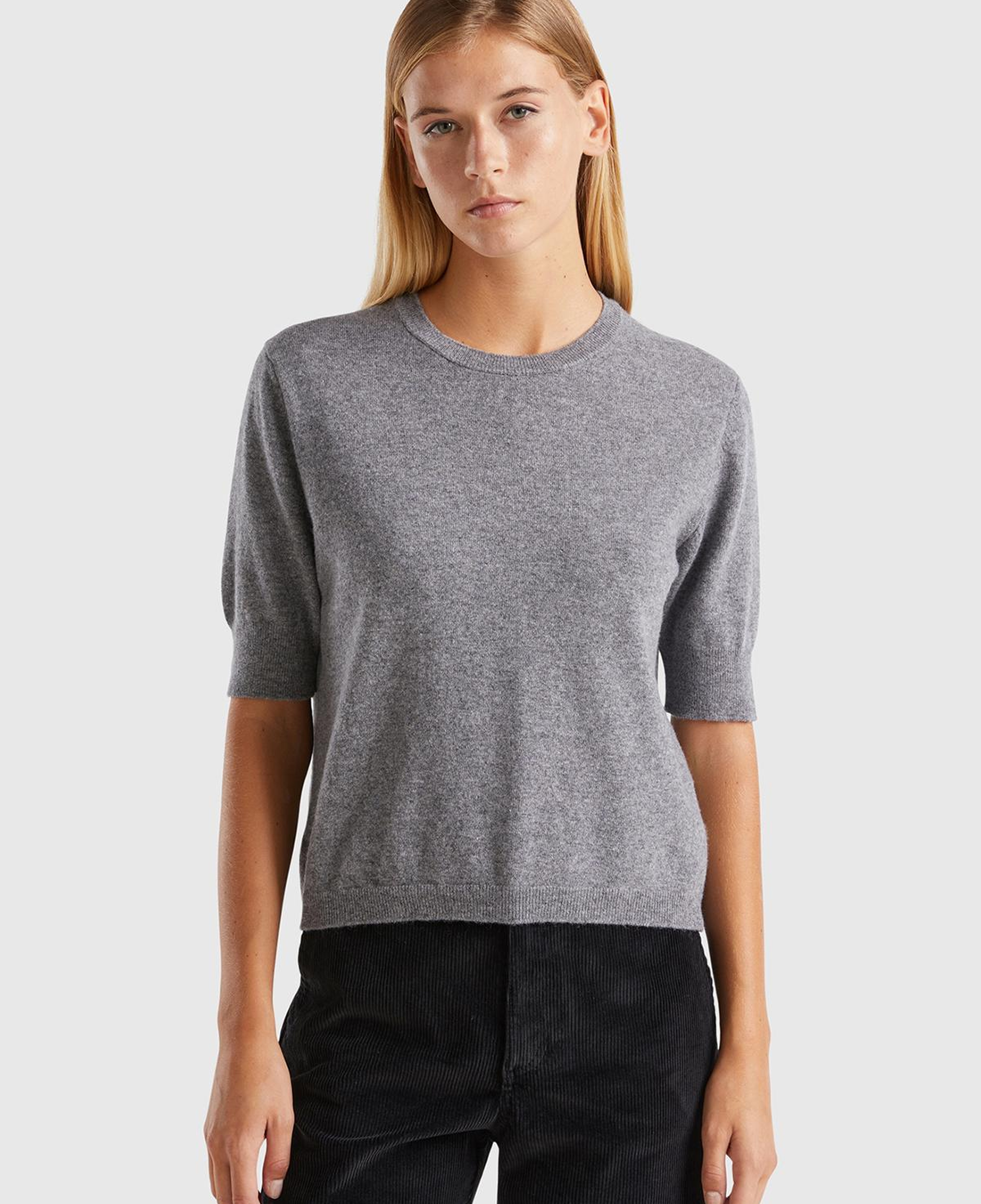 Kadın Antrasit Melanj %100 Merino Bisiklet Yaka  Kısa Kollu Kazak