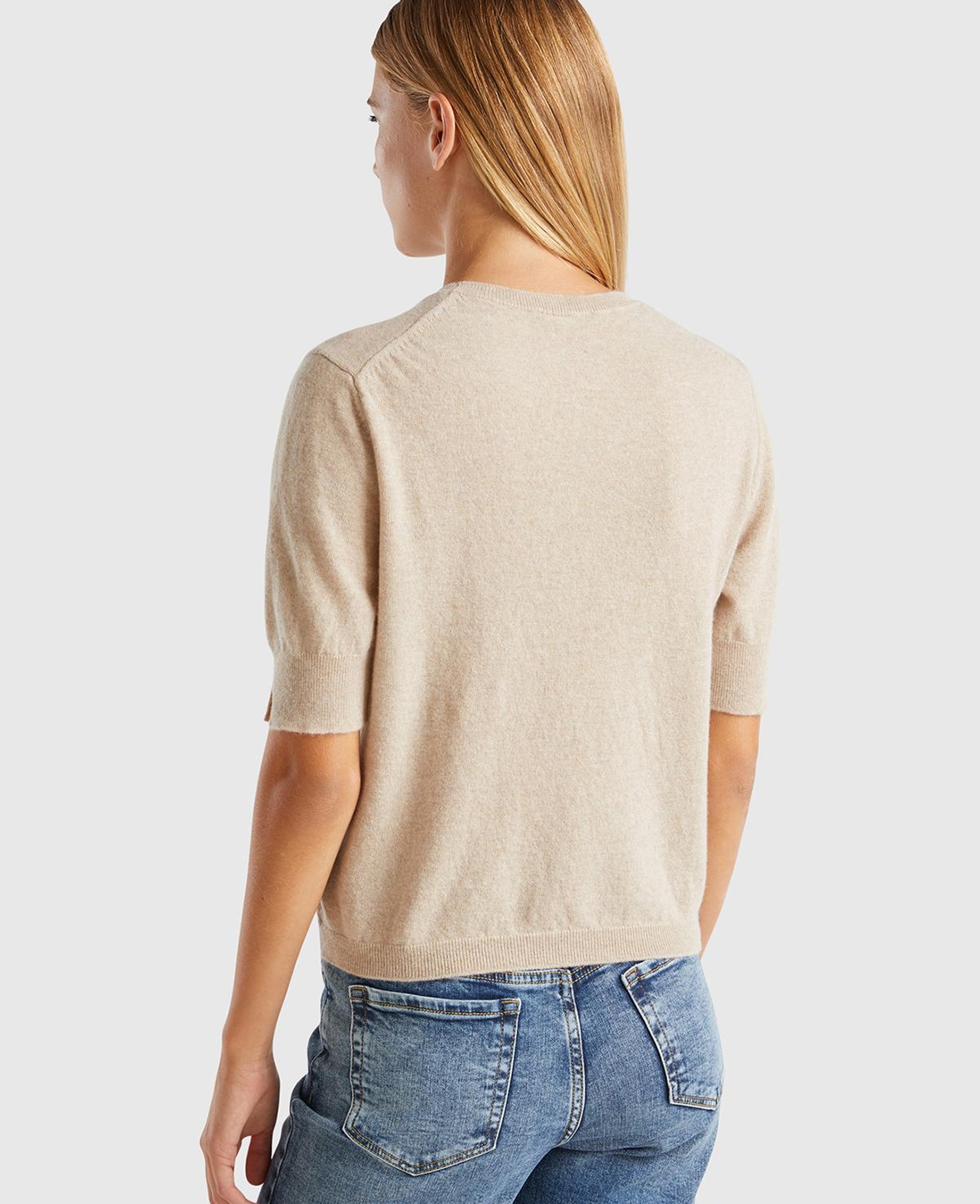 Kadın Ekru %100 Merino Bisiklet Yaka  Kısa Kollu Kazak