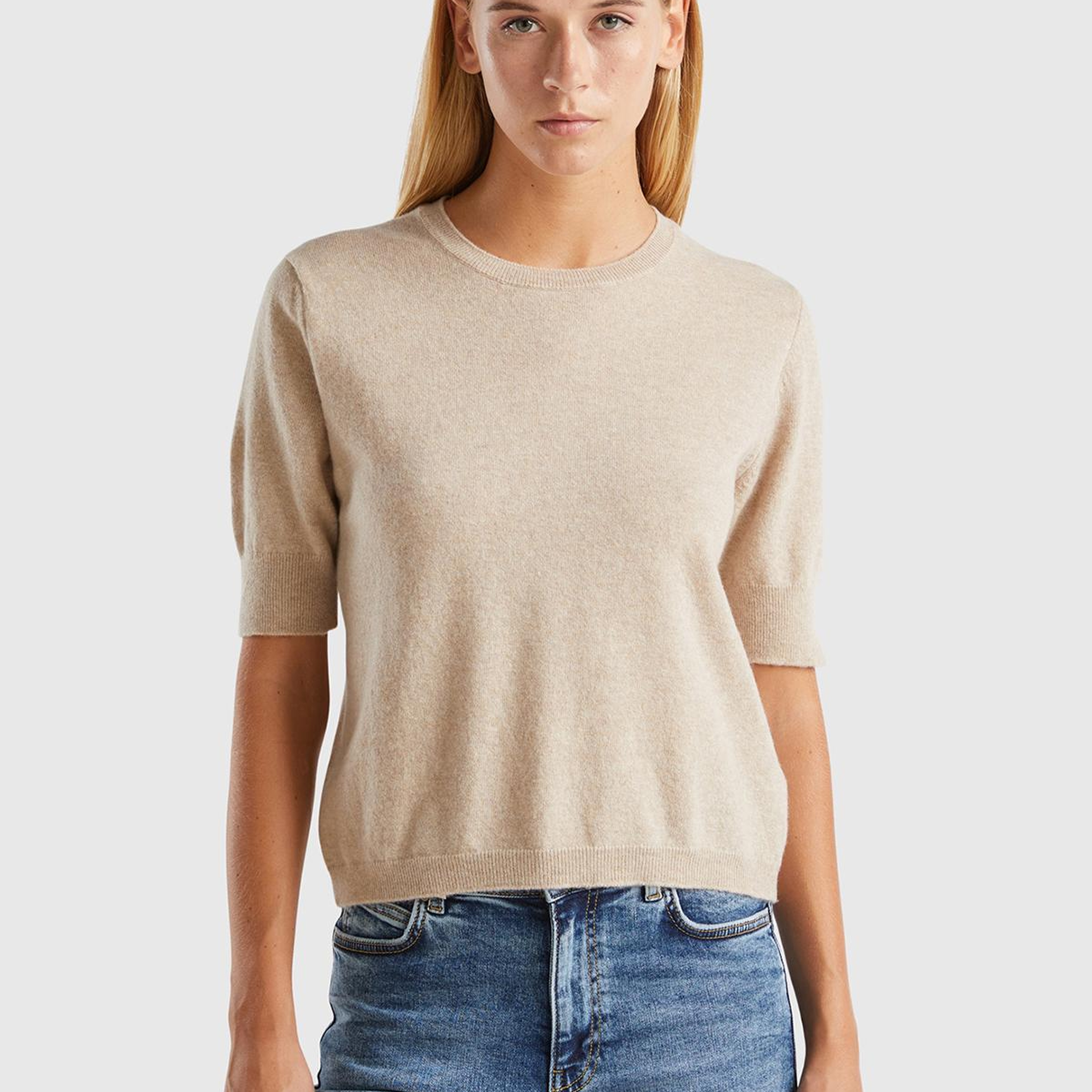 Kadın Ekru %100 Merino Bisiklet Yaka  Kısa Kollu Kazak