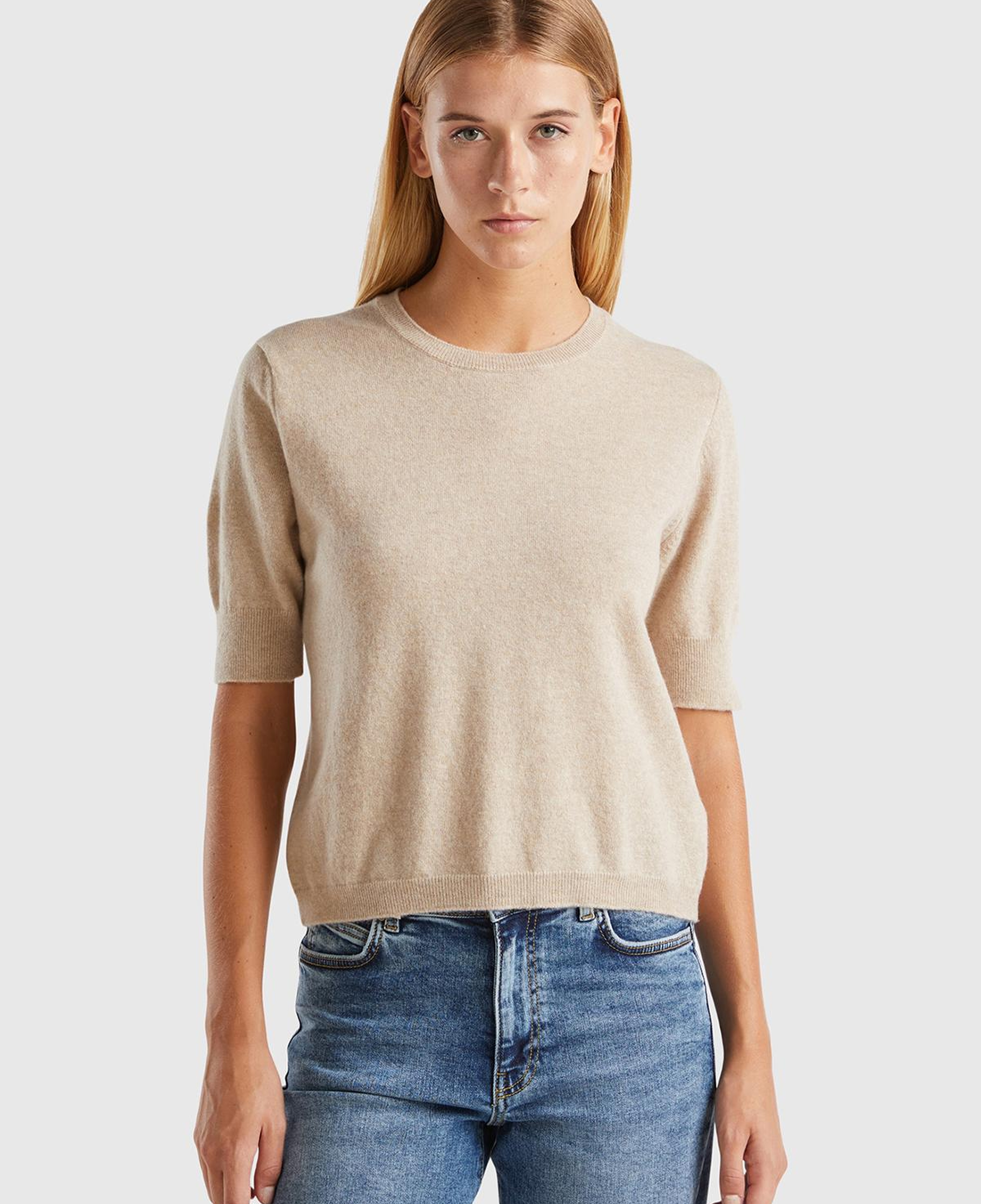 Kadın Ekru %100 Merino Bisiklet Yaka  Kısa Kollu Kazak