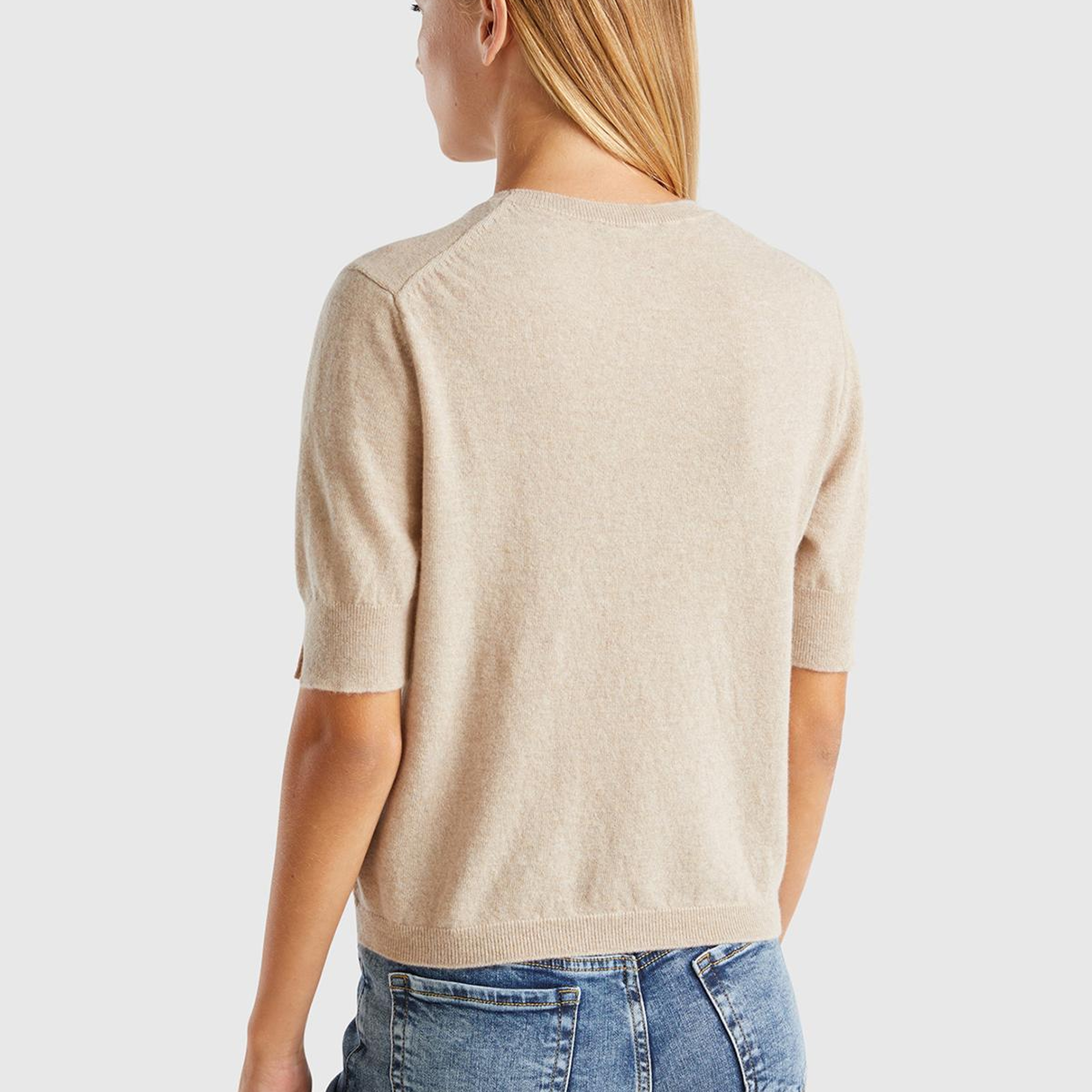 Kadın Ekru %100 Merino Bisiklet Yaka  Kısa Kollu Kazak