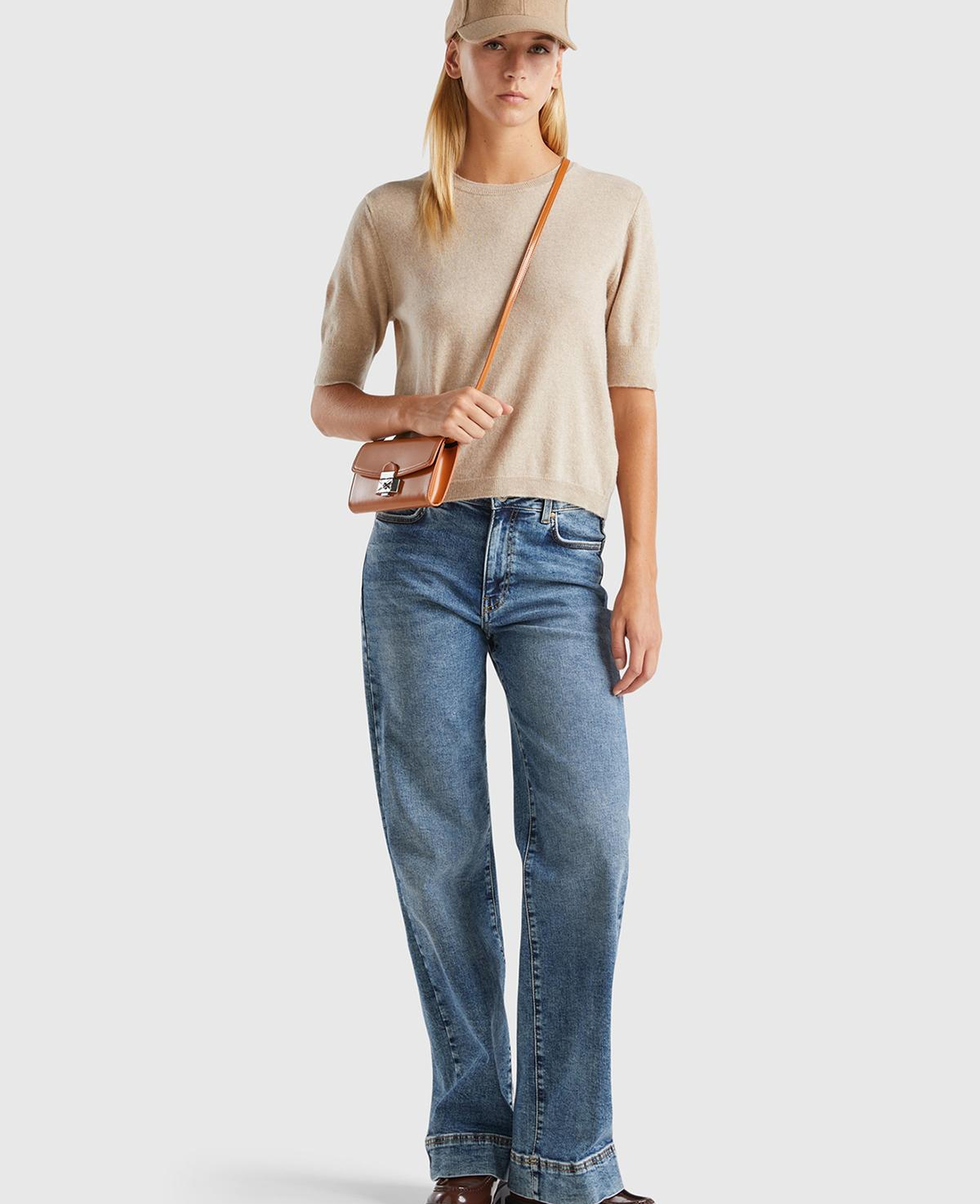 Kadın Ekru %100 Merino Bisiklet Yaka  Kısa Kollu Kazak