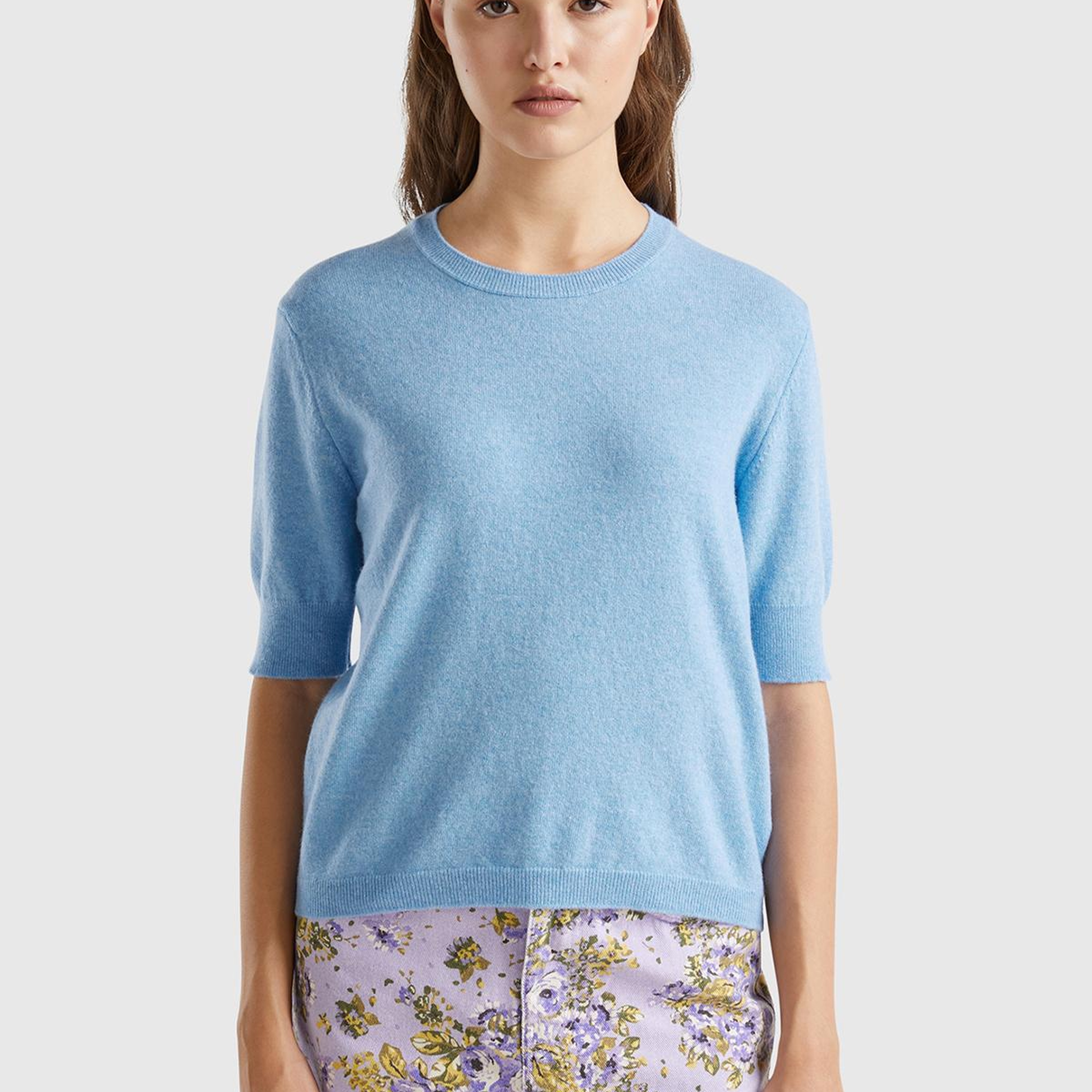 Kadın Açık Mavi %100 Merino Bisiklet Yaka  Kısa Kollu Kazak