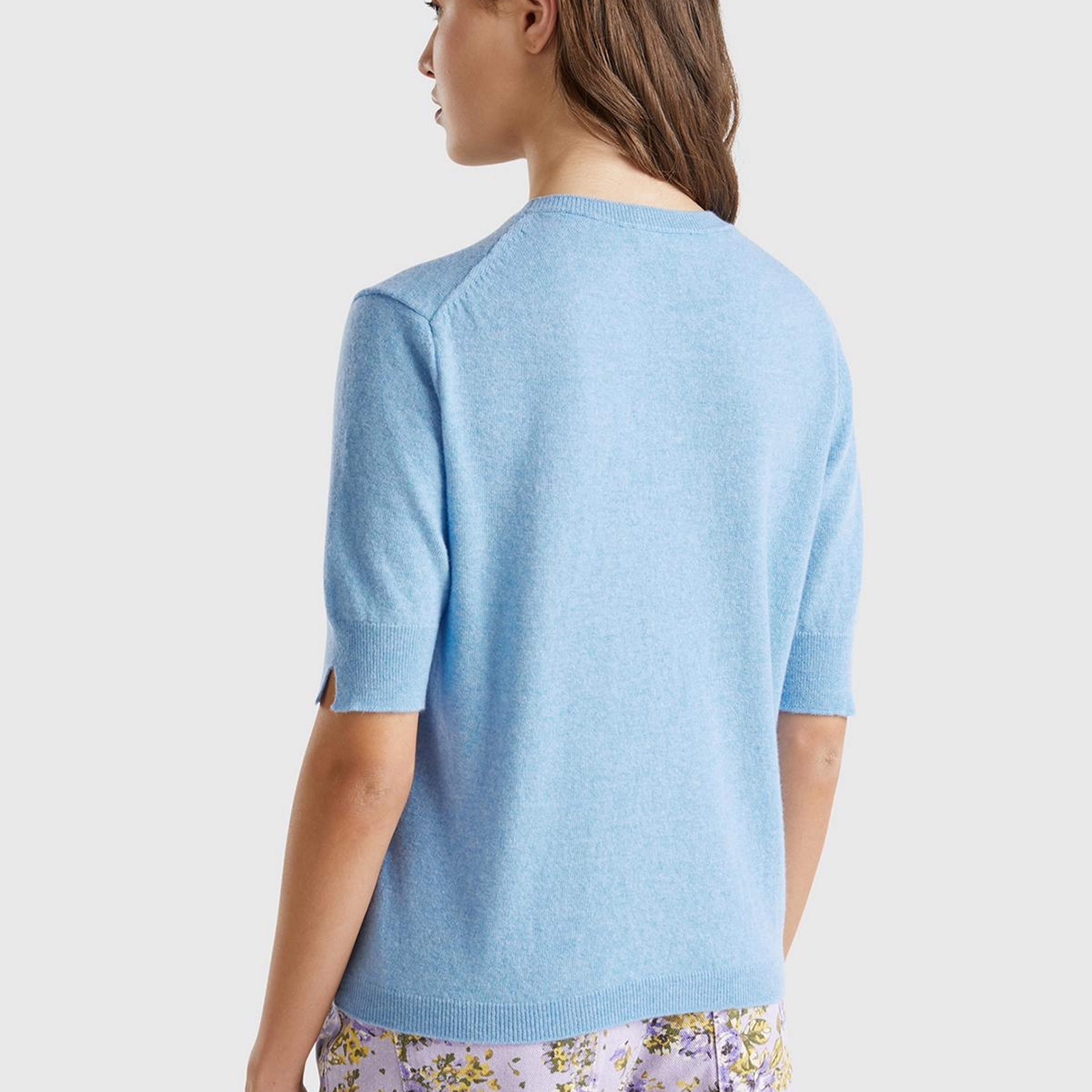 Kadın Açık Mavi %100 Merino Bisiklet Yaka  Kısa Kollu Kazak