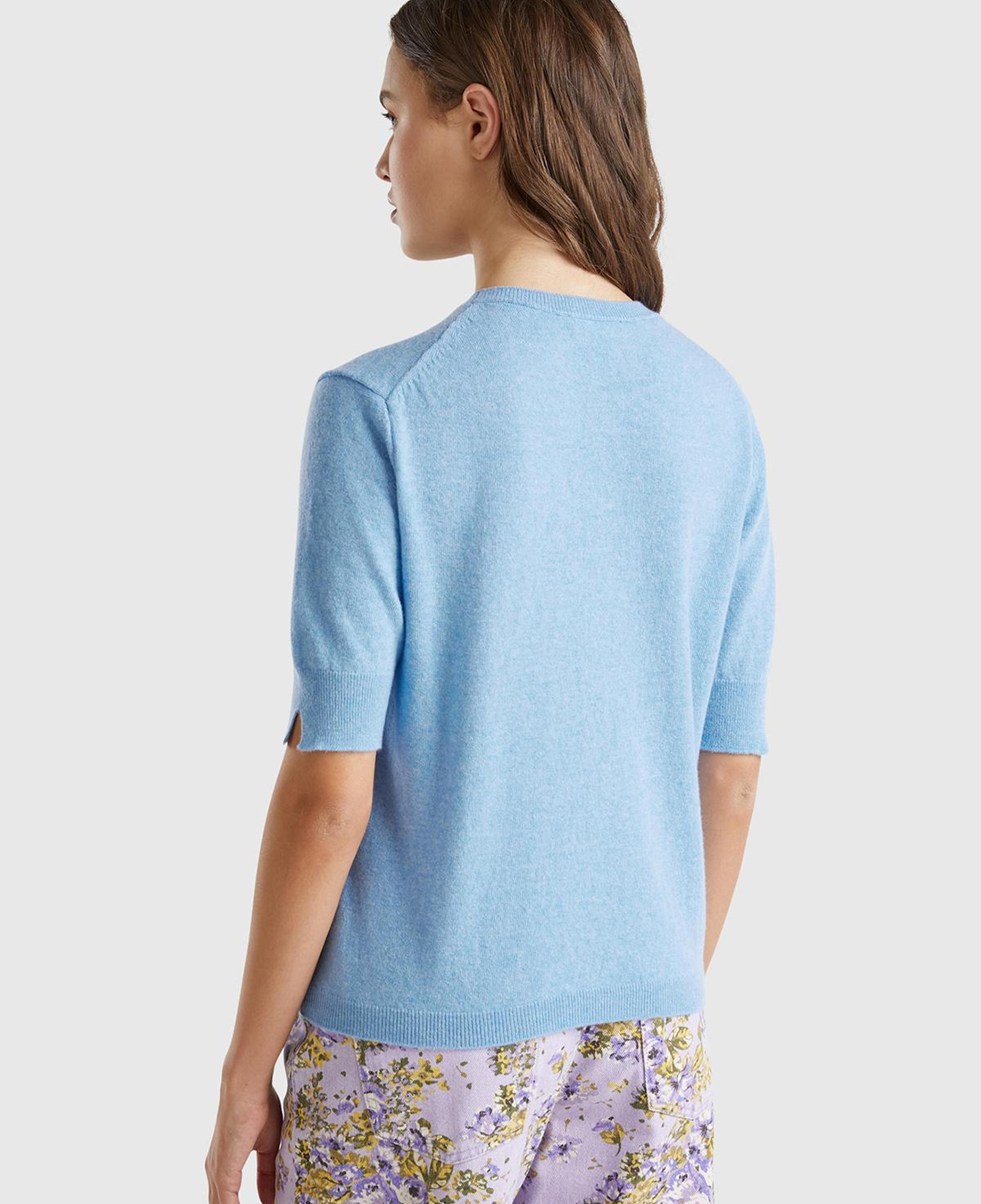 Kadın Açık Mavi %100 Merino Bisiklet Yaka  Kısa Kollu Kazak