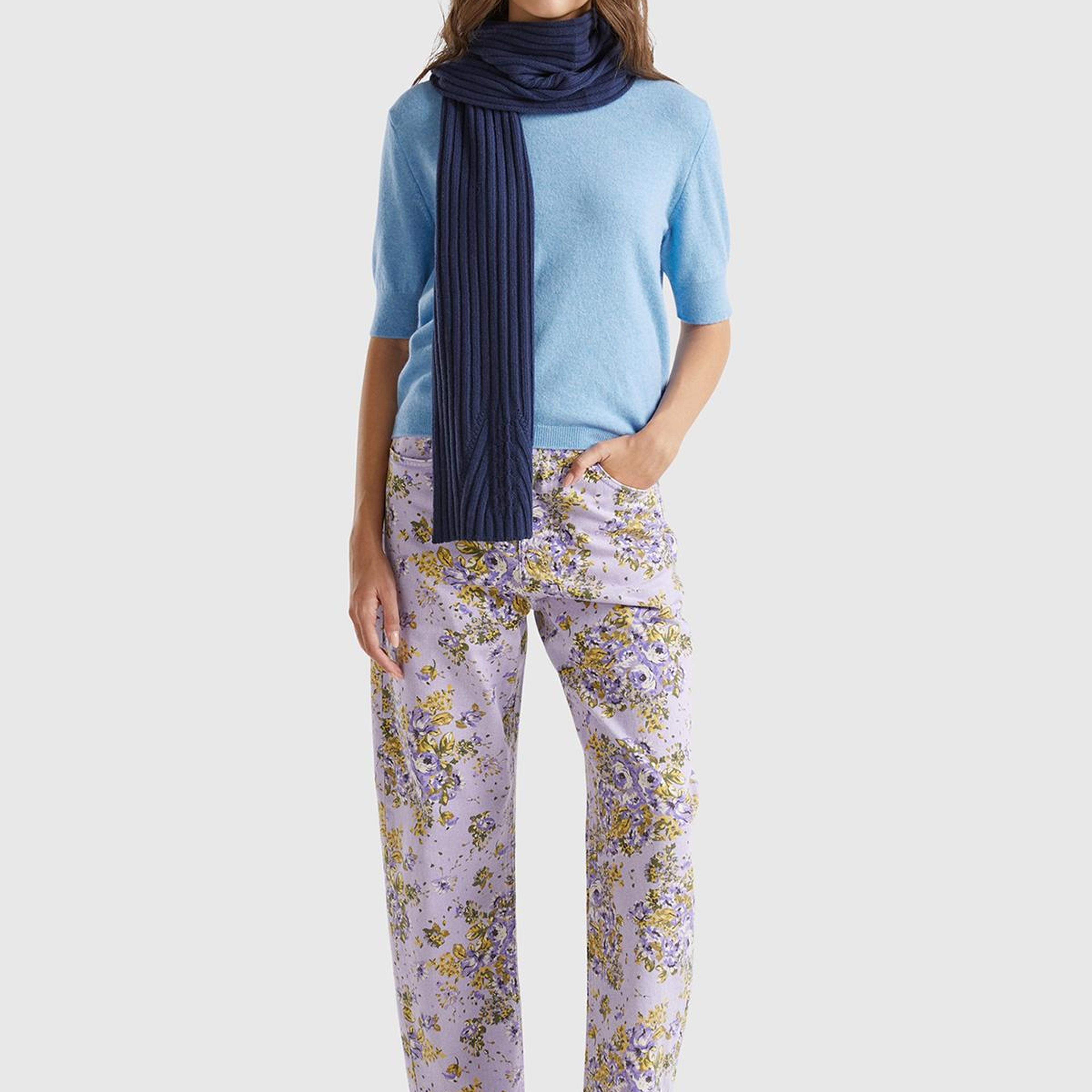 Kadın Açık Mavi %100 Merino Bisiklet Yaka  Kısa Kollu Kazak